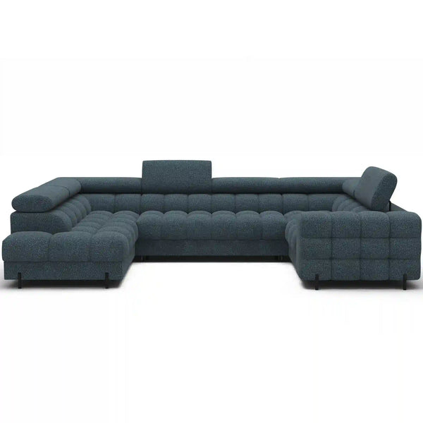 Coltar extensibil FECTORY, sezlong stanga, stofa clasica albastru inchis - Jaffray 40, cu tetiere reglabile si spatiu depozitare, 346x205x93 cm