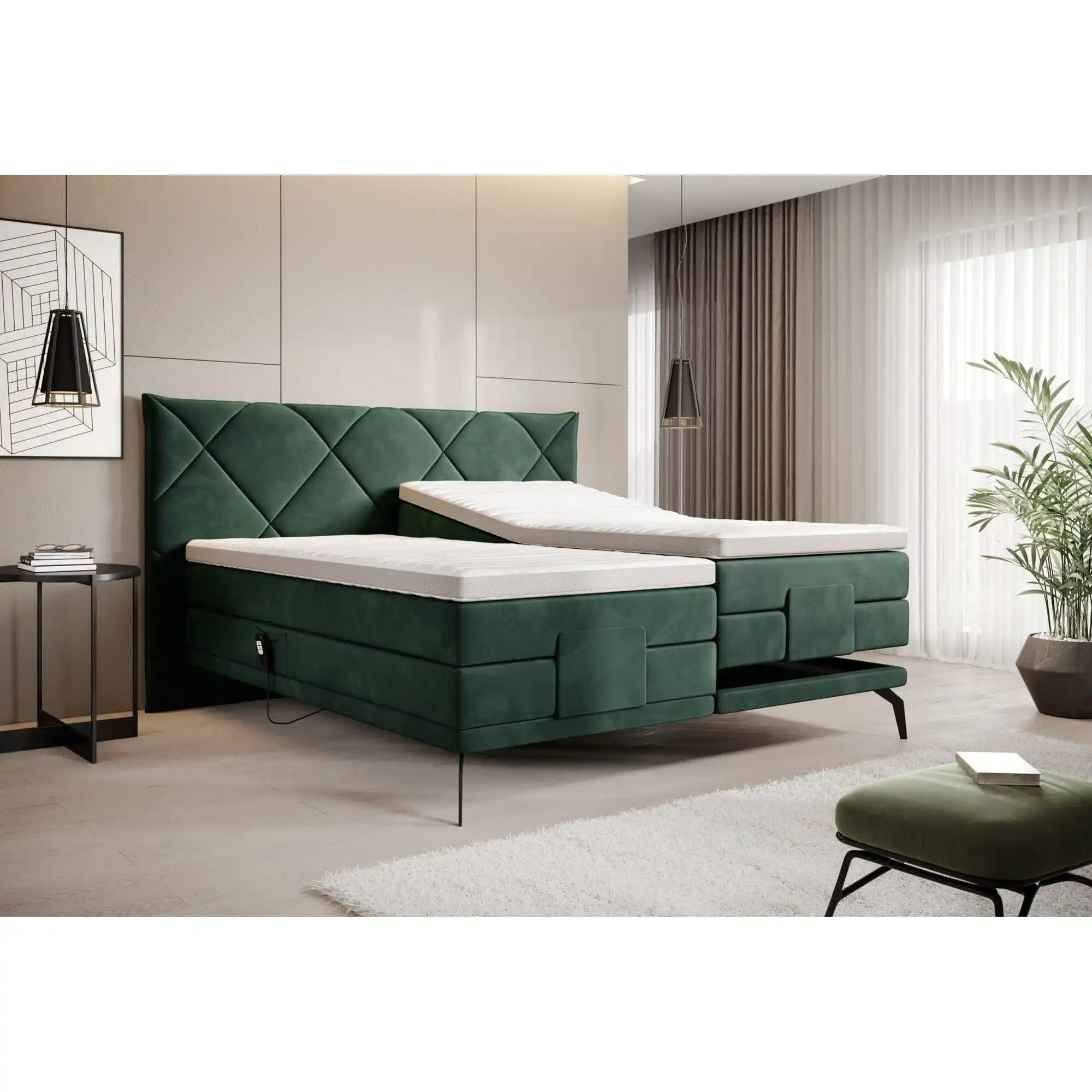 Pat boxspring PAVO 160x200, stofa catifelata turcoaz inchis - RIVIERA 87, cu mecanism electric si saltele