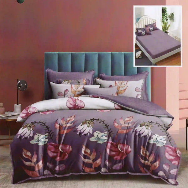 Set lenjerie pat finet HF6P89, poliester/bumbac, mov, 160-180x200 cm, cu husa pat, cearceaf pilota si 4 fete de perna