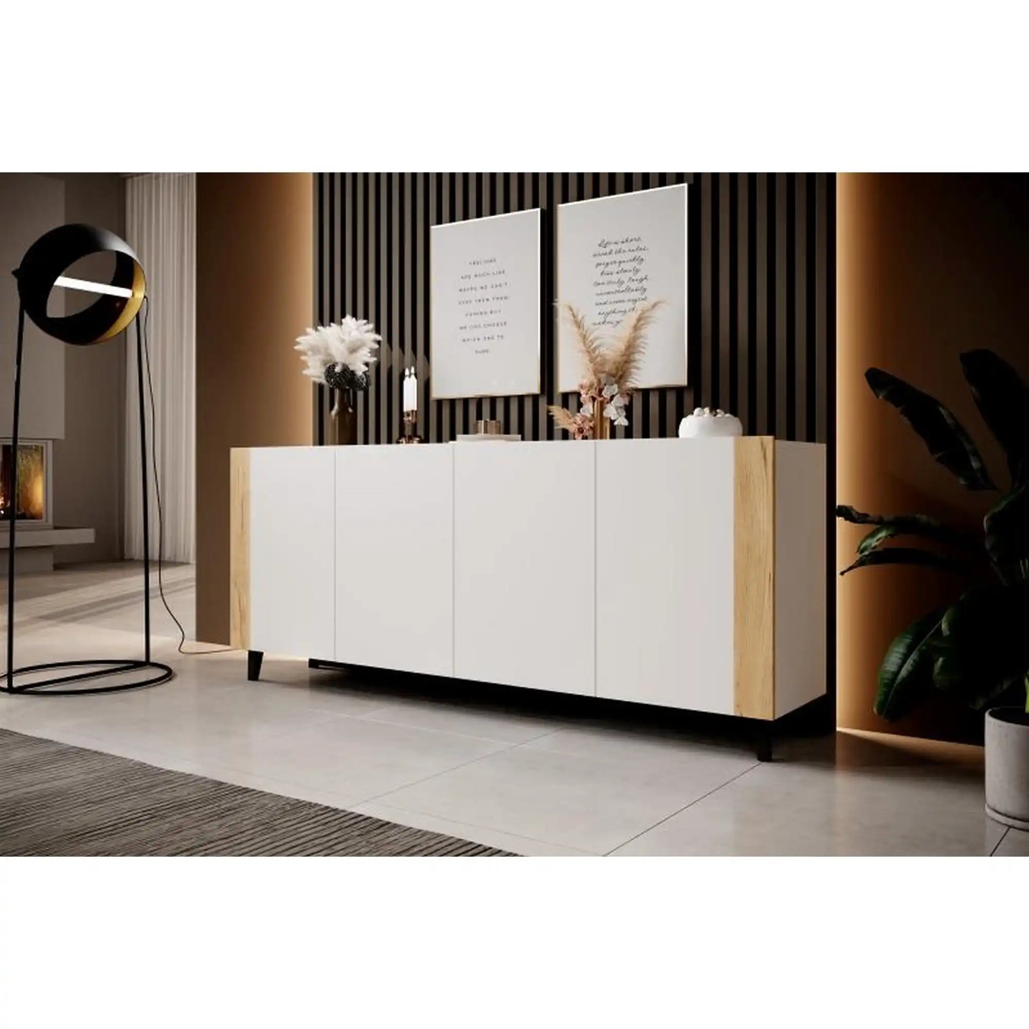 Comoda FARO, alb/stejar, PAL laminat/plastic, 200x42x82 cm