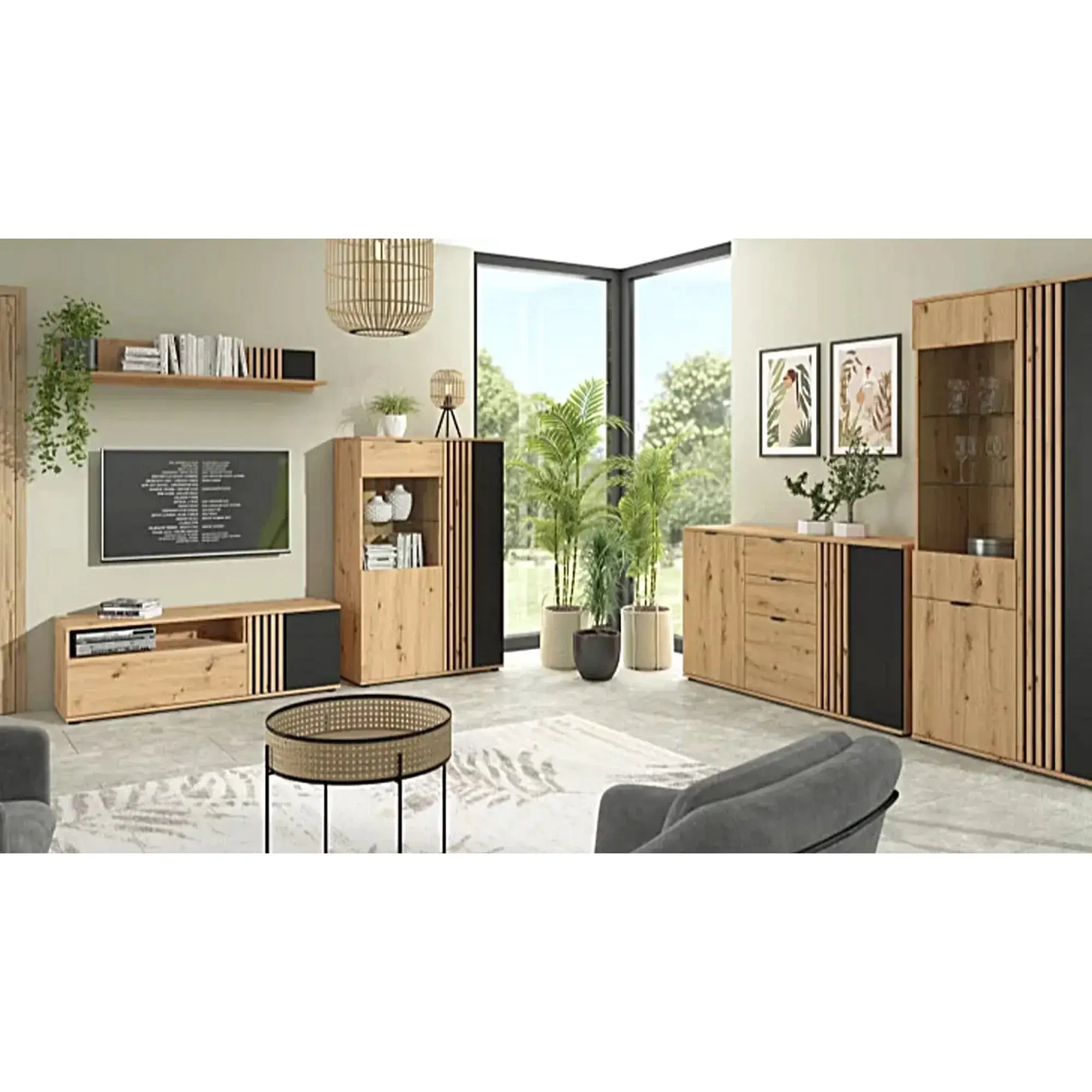 Vitrina VABRES, stejar artisan/negru mat, PAL laminat/sticla, 91x40x138 cm