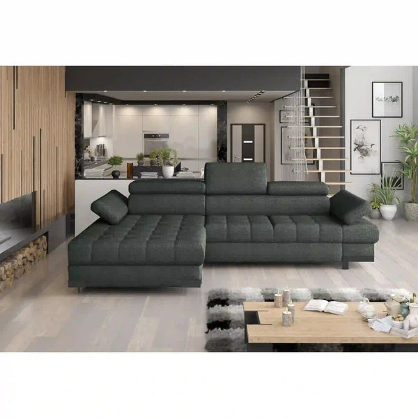 Coltar extensibil SELVA MINI, sezlong stanga, stofa catifelata verde - Whisper 11, cu lada depozitare si tetiere reglabile,  270x173x95 cm