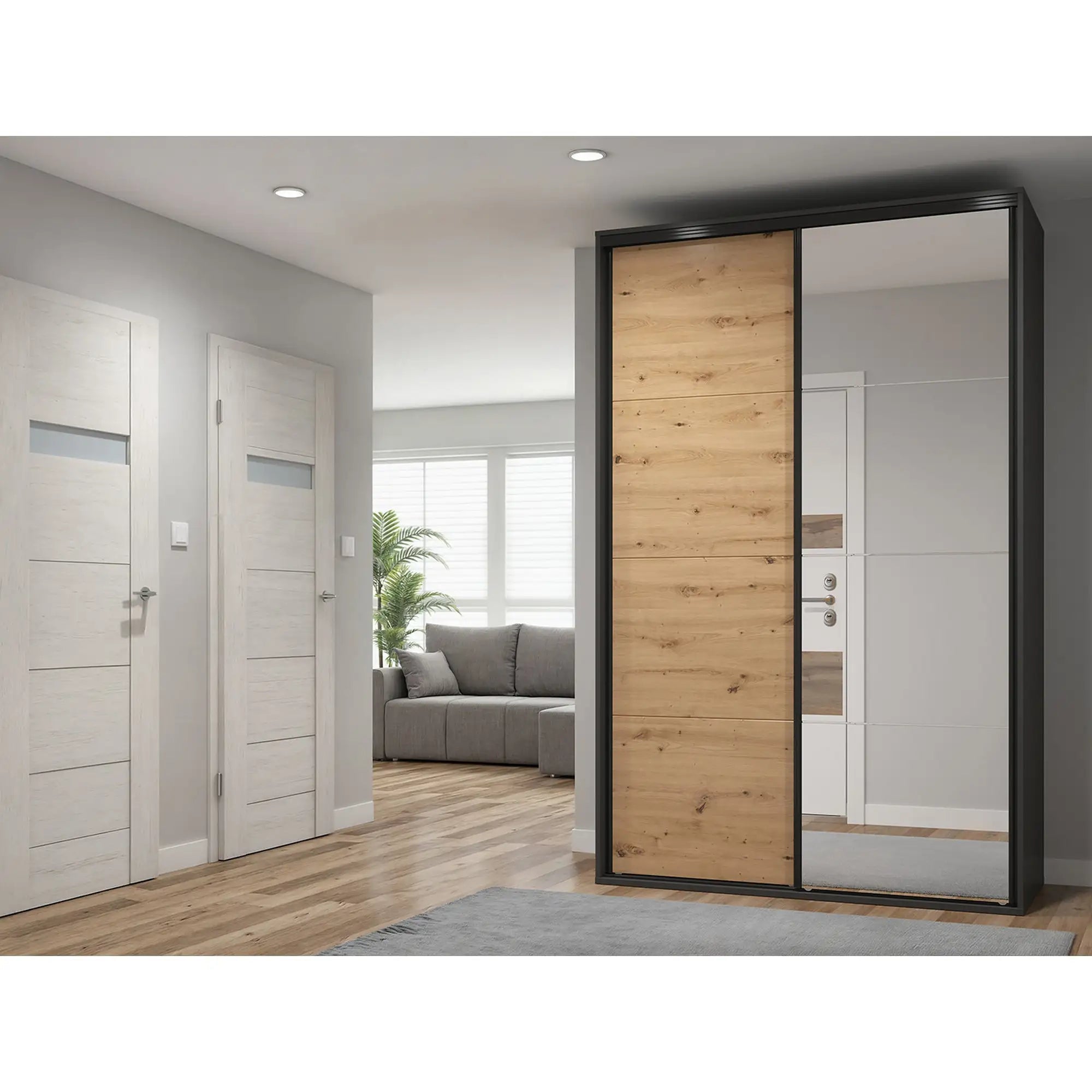 Dulap FLEX, gri grafit/stejar artisan, cu 2 usi si oglinda, 150x66x240 cm
