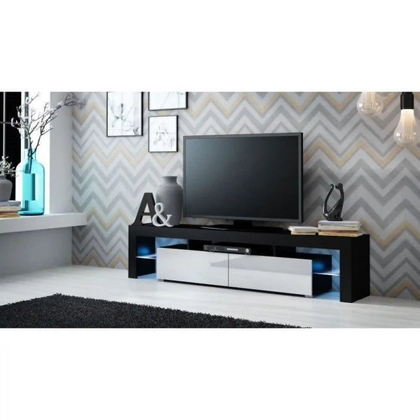 Comoda TV SOLO, negru mat/alb lucios, PAL, 200x35x45 cm