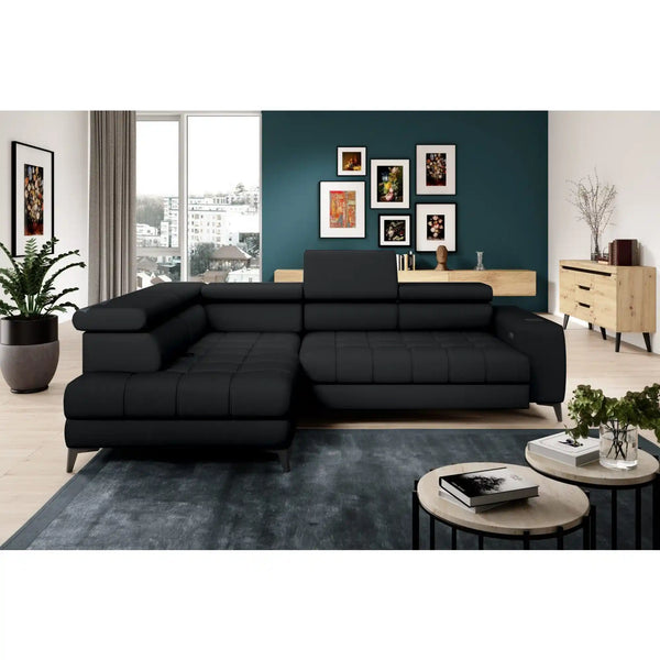 Coltar BAGGIO, sezlong stanga, piele ecologica negru - Madryt 1100, Gama Premium, cu reglaj electric, lada depozitare si tetiere reglabile, 280x196x100 cm