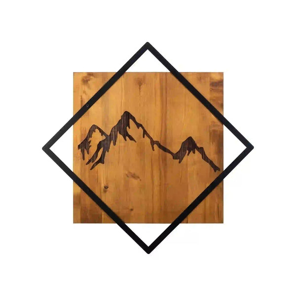 Decoratiune perete MOUNTAIN 2, stejar/negru, lemn/metal, 54x54 cm