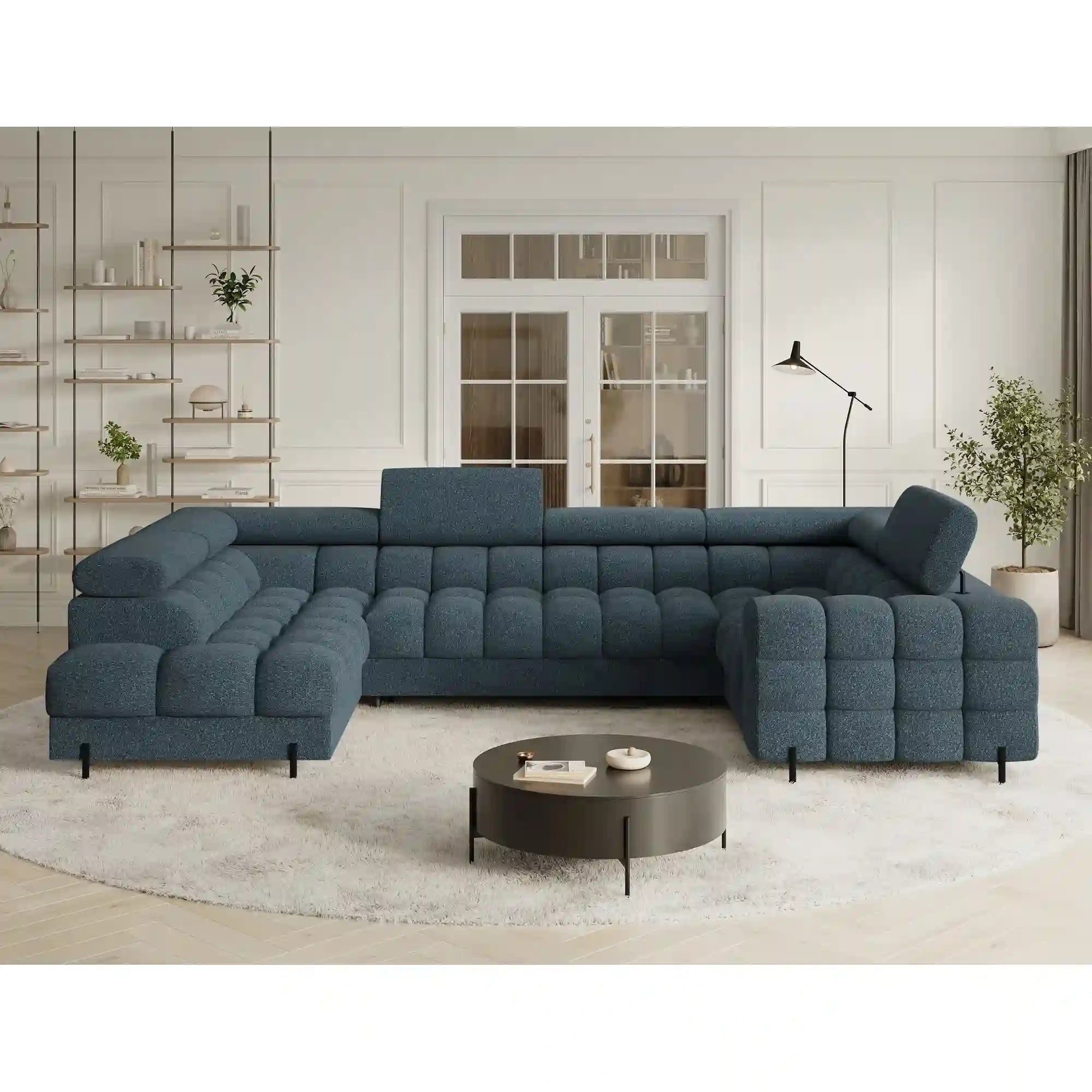 Coltar extensibil FECTORY, sezlong stanga, stofa clasica albastru inchis - Jaffray 40, cu tetiere reglabile si spatiu depozitare, 346x205x93 cm
