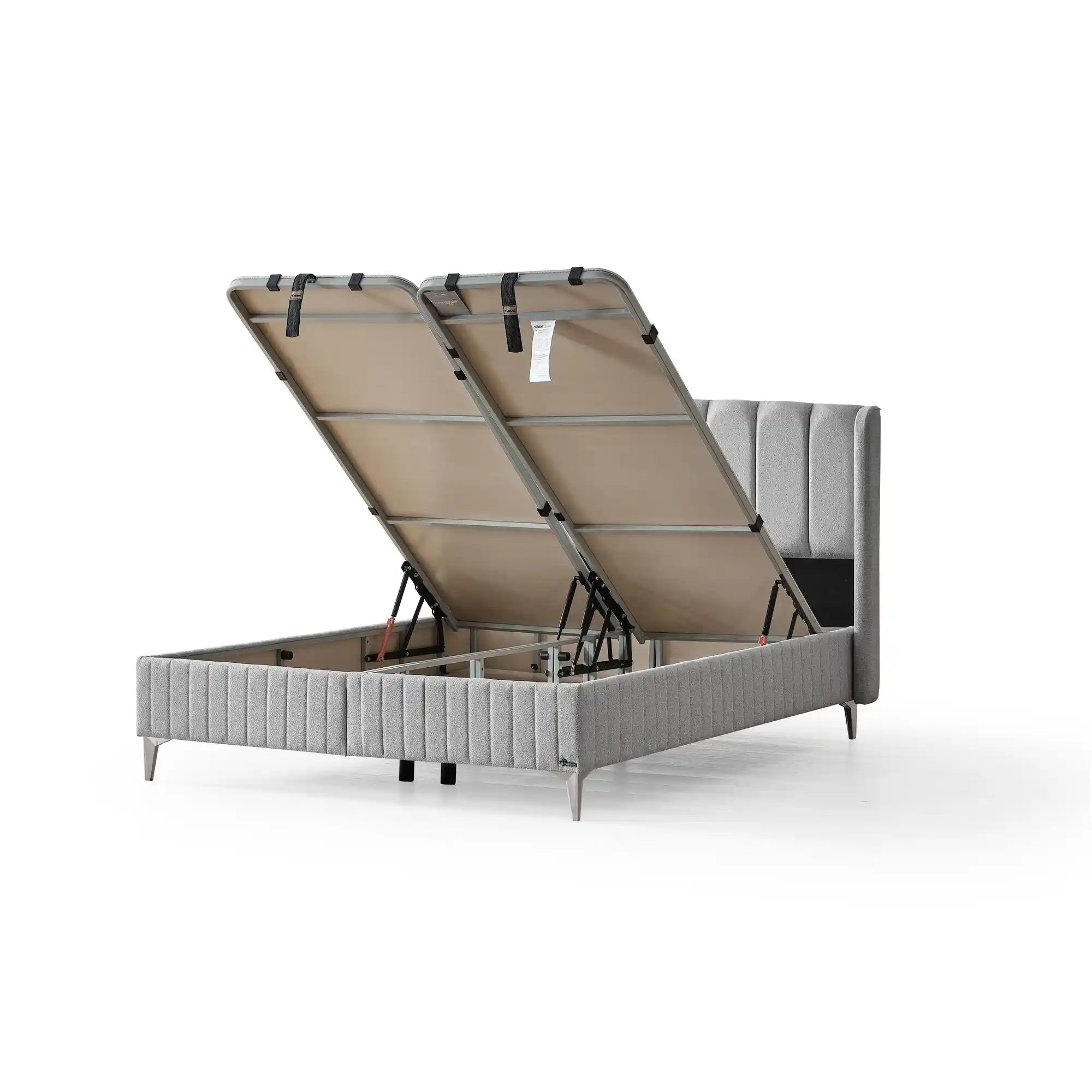 Pat ALEGRA 160x200, stofa gri, cu somiera, spatiu depozitare si saltea