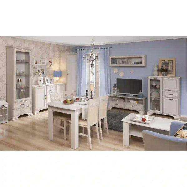 Set living alb vintage, Tiffany (Tiffy) 4 format din: vitrina mica, vitrina inalta, dulap, comoda, comoda TV, masuta, raft