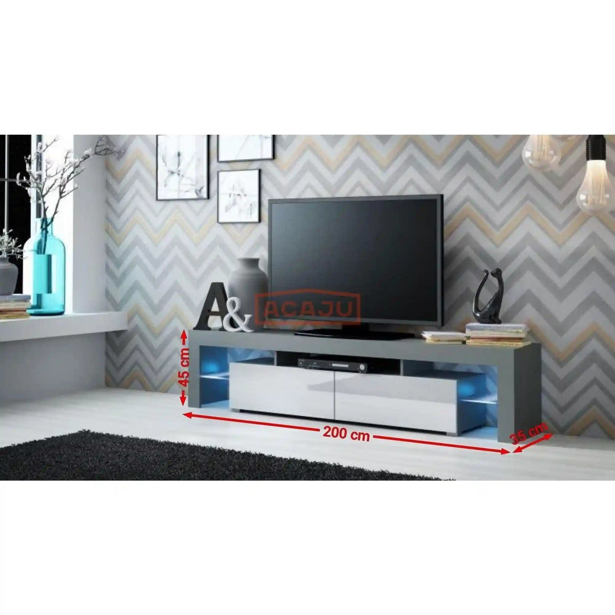 Comoda TV SOLO, negru mat/alb lucios, PAL, 200x35x45 cm