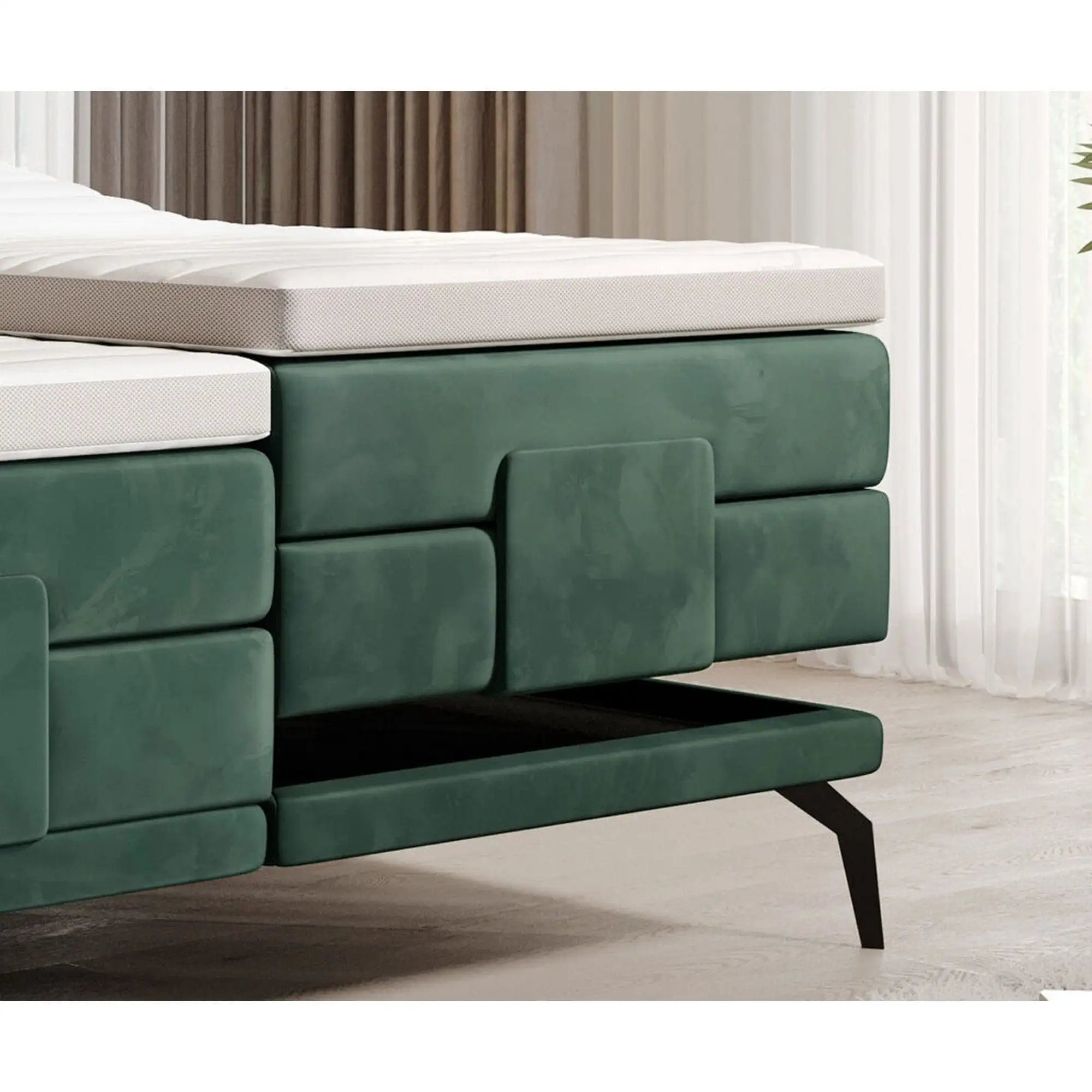 Pat boxspring PAVO 160x200, stofa catifelata turcoaz inchis - RIVIERA 87, cu mecanism electric si saltele