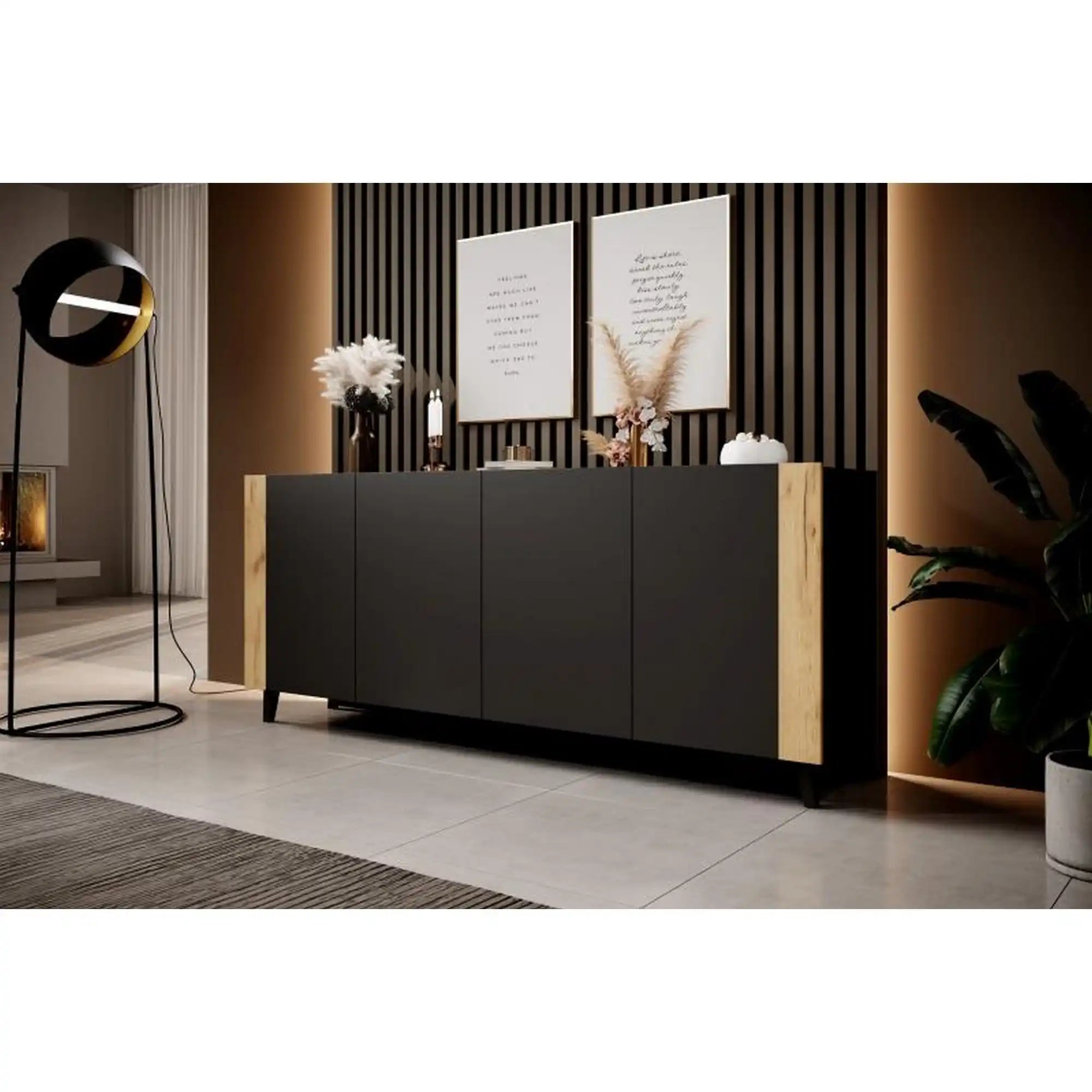 Comoda FARO, negru/stejar, PAL laminat/plastic, 200x42x82 cm