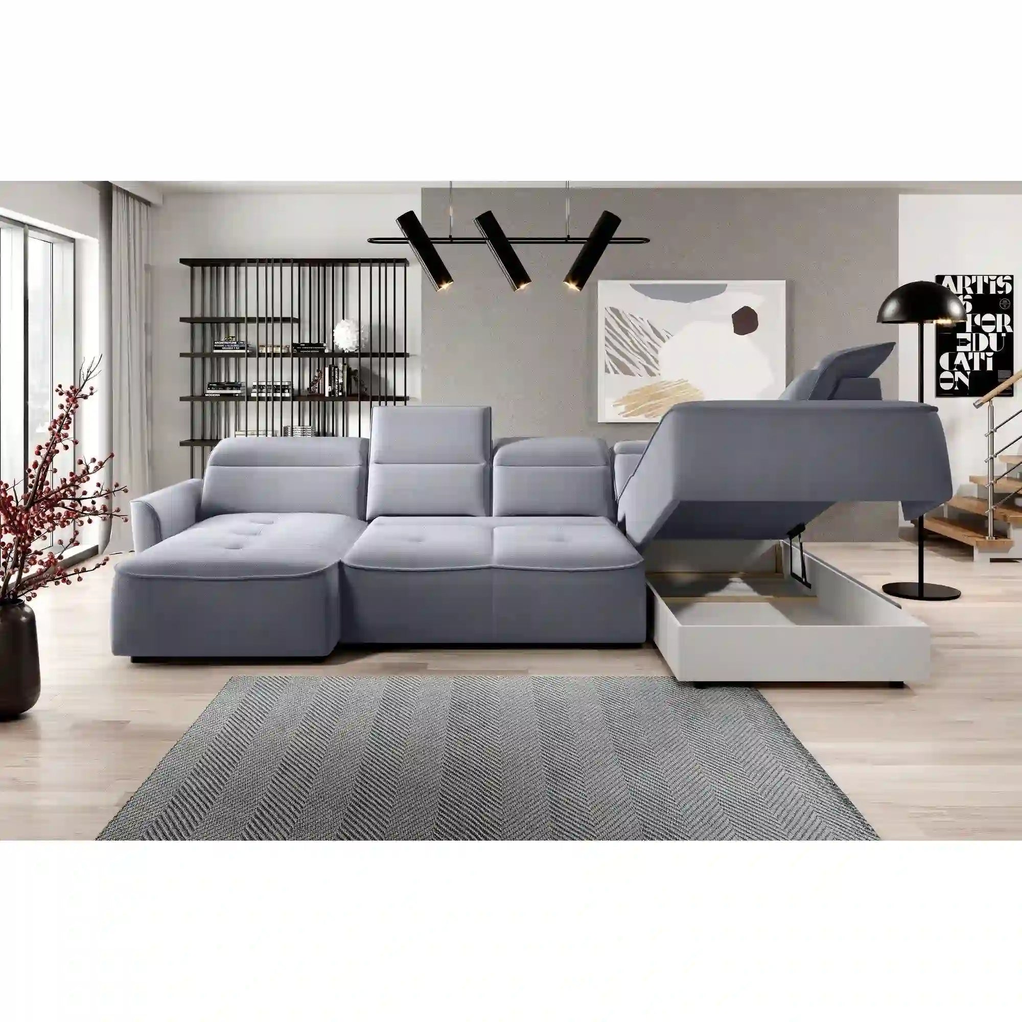 Coltar MURILLO XL, personalizabil materiale gama Oferta Avantaj, cu reglaj electric, tetiere reglabile si lada depozitare, 350x218x100 cm