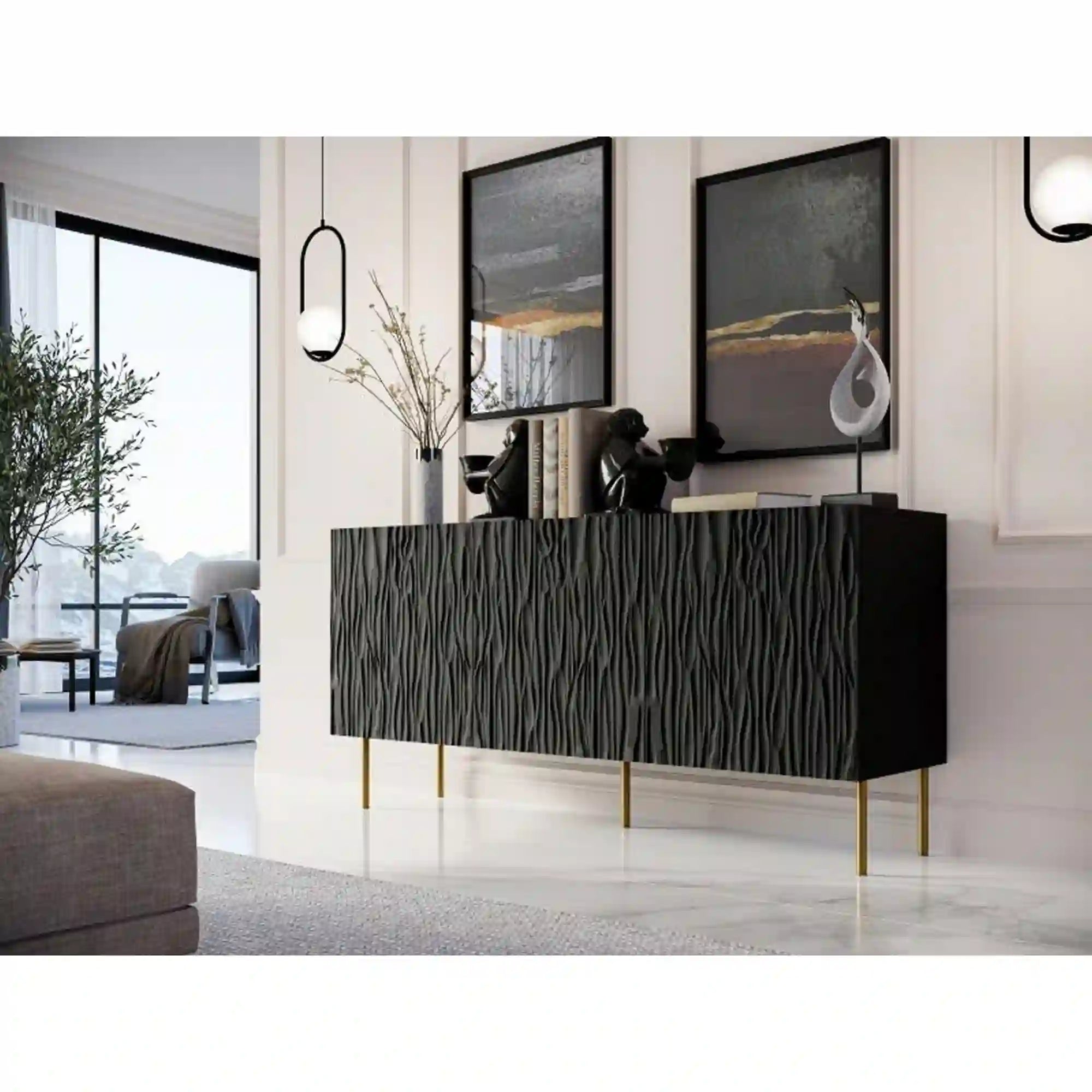 Comoda JUNGLE, negru/auriu, PAL laminat, 152x42x75 cm