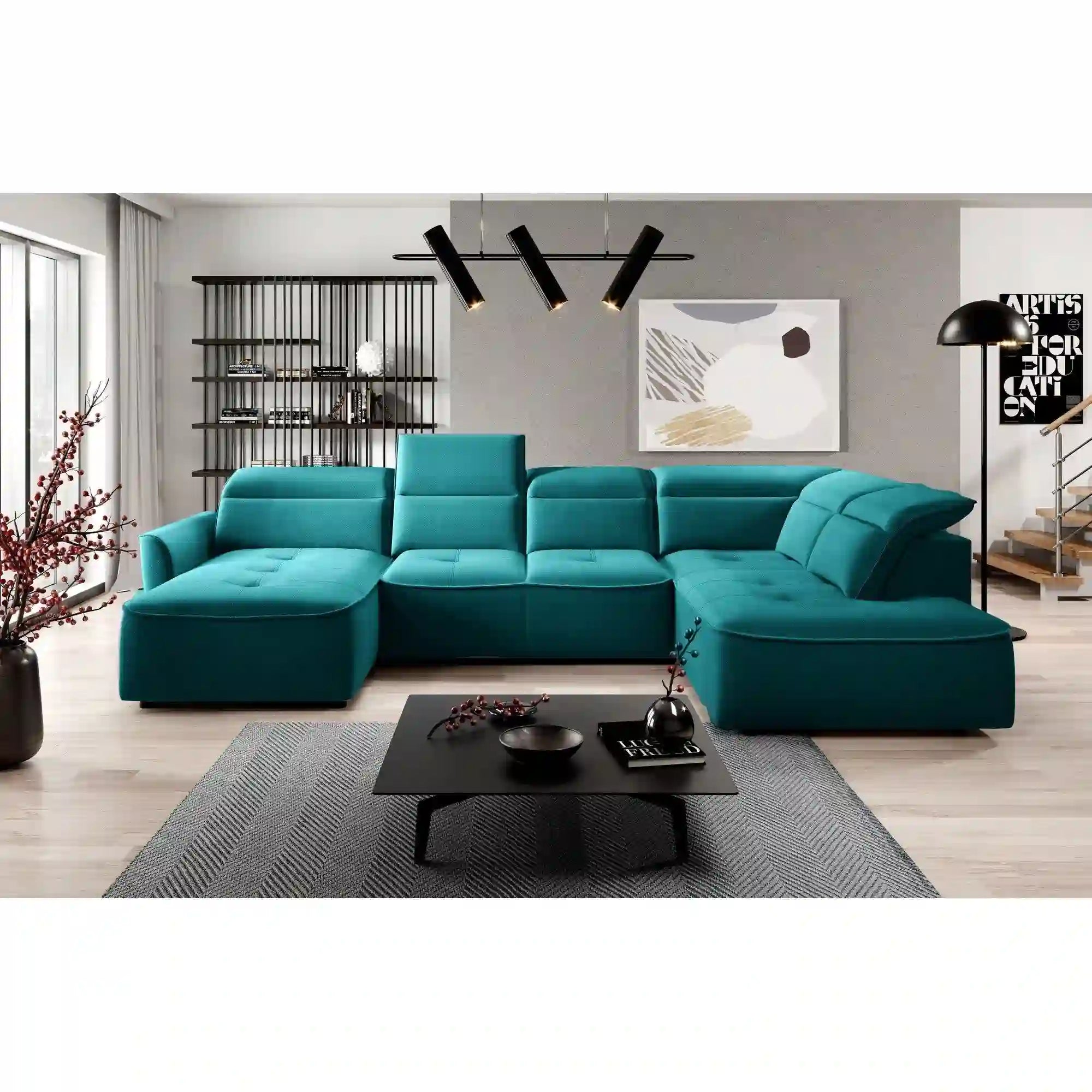 Coltar MURILLO XL, personalizabil materiale gama Oferta Avantaj, cu reglaj electric, tetiere reglabile si lada depozitare, 350x218x100 cm