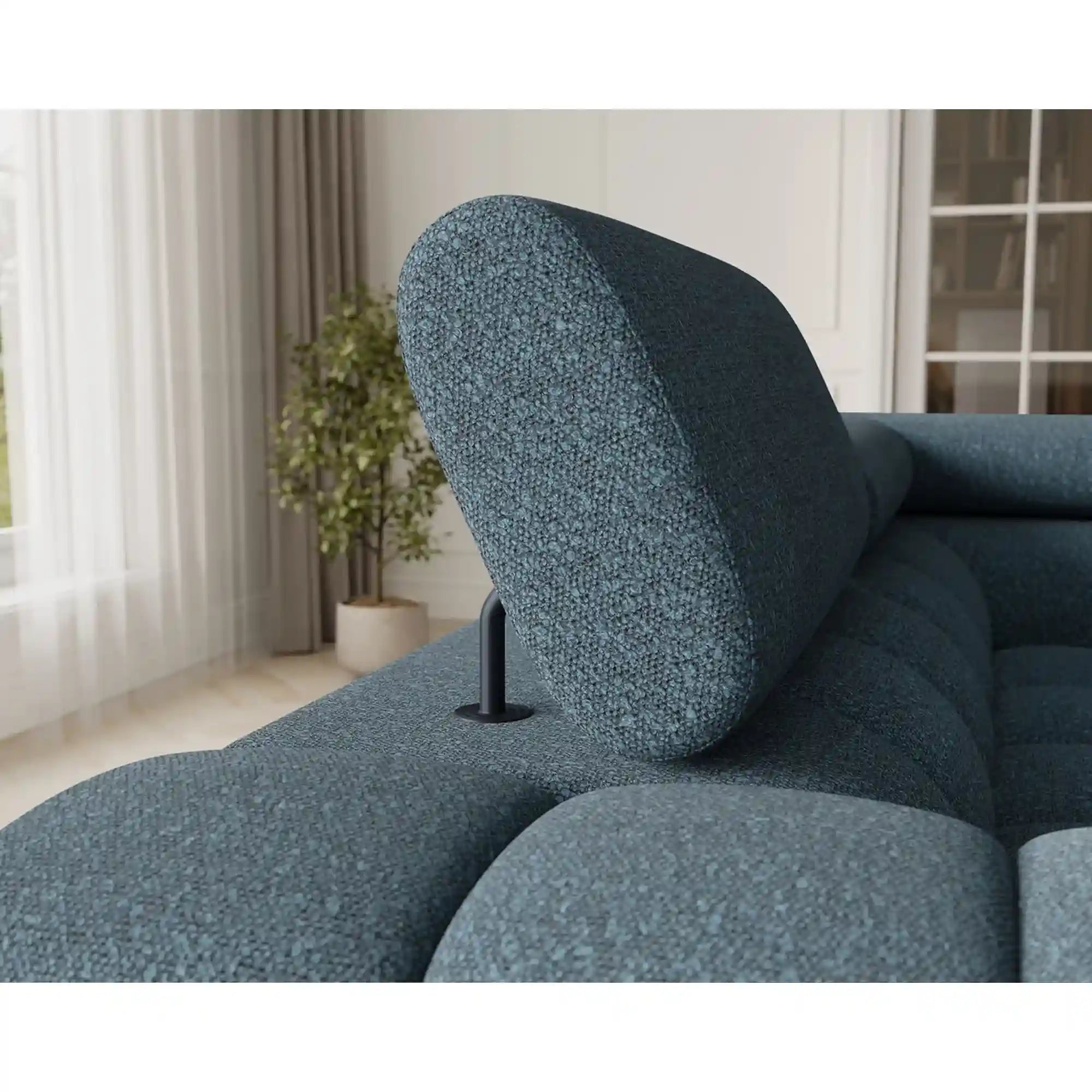Coltar extensibil FECTORY, sezlong stanga, stofa clasica albastru inchis - Jaffray 40, cu tetiere reglabile si spatiu depozitare, 346x205x93 cm