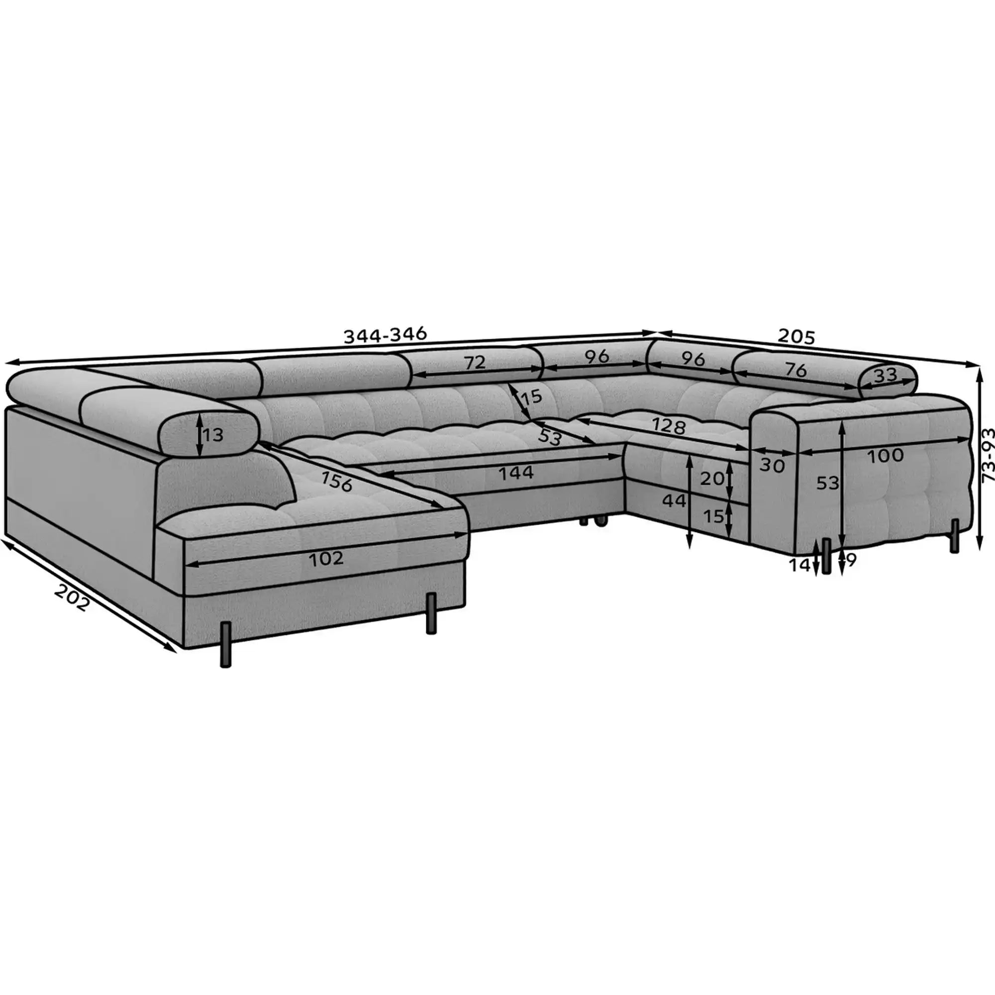 Coltar extensibil FECTORY, sezlong dreapta, stofa clasica albastru inchis - Jaffray 40, cu tetiere reglabile si spatiu depozitare, 346x205x93 cm