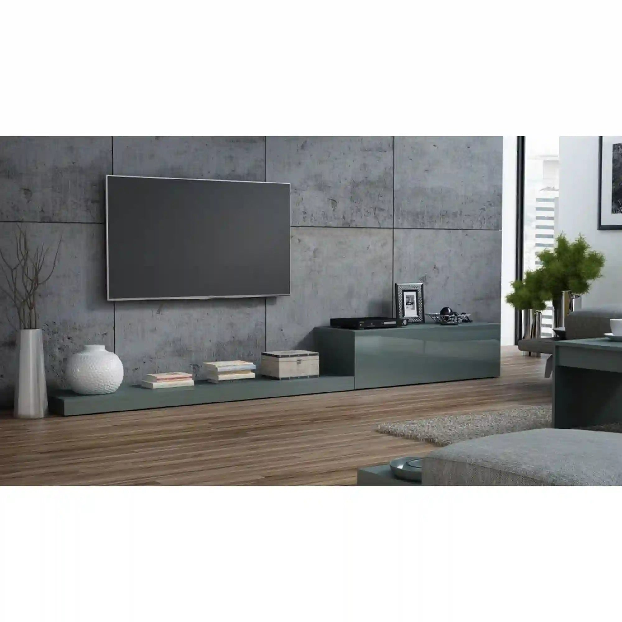 Comoda TV LIFE, gri lucios, PAL, 300x42x8/35 cm