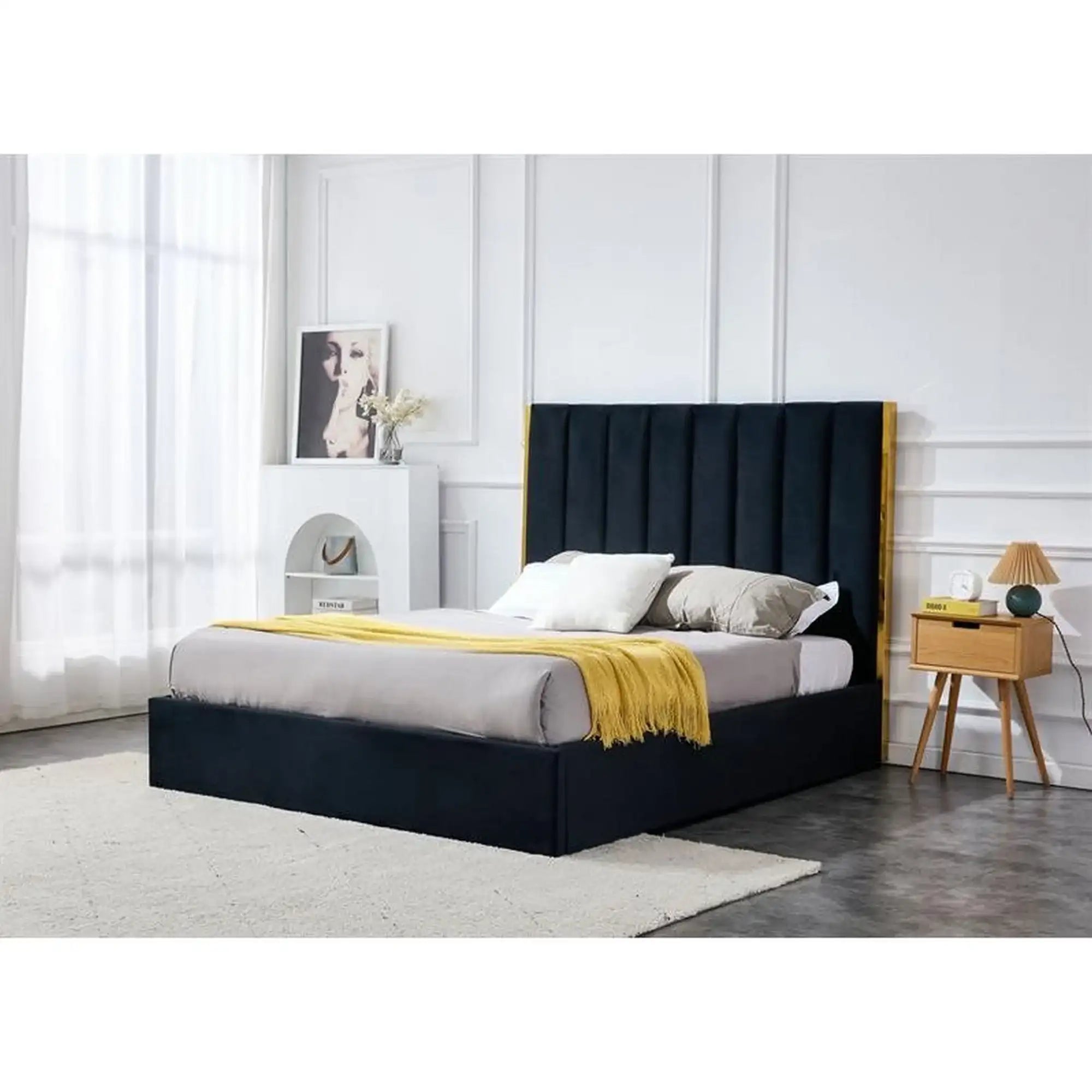 Pat PALAZZO 160x200, stofa catifelata negru/auriu, cu somiera si spatiu depozitare