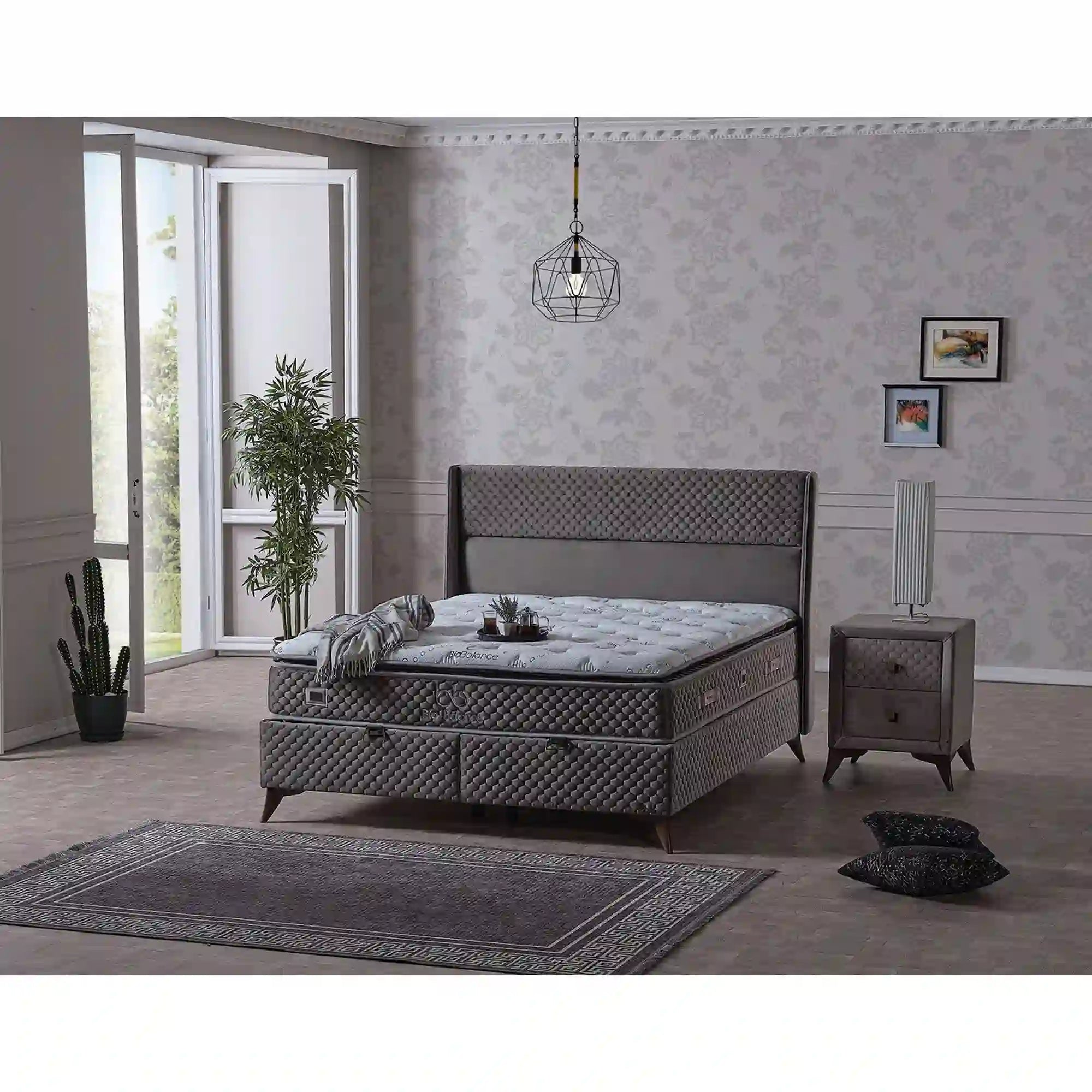 Pat BIO BALANCE 200x200, stofa catifelata gri - Zen Z1188, cu somiera si spatiu depozitare