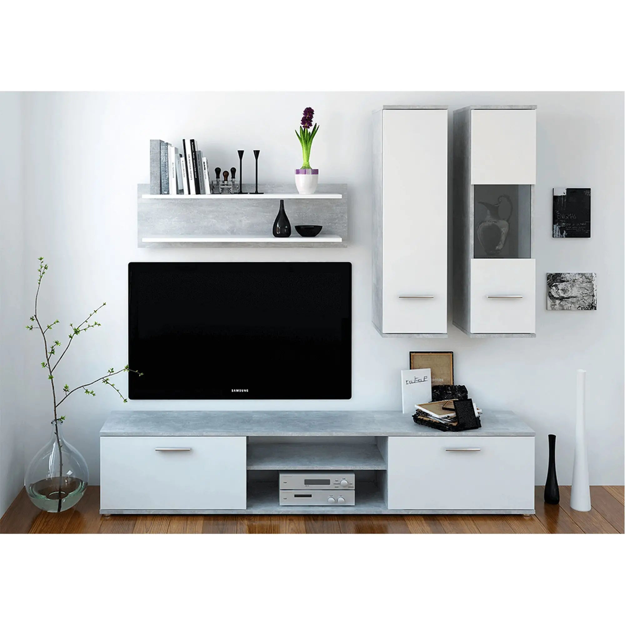 Mobilier living WAW NEW, gri beton/alb, PAL melaminat, 5 piese, 188x30x165 cm