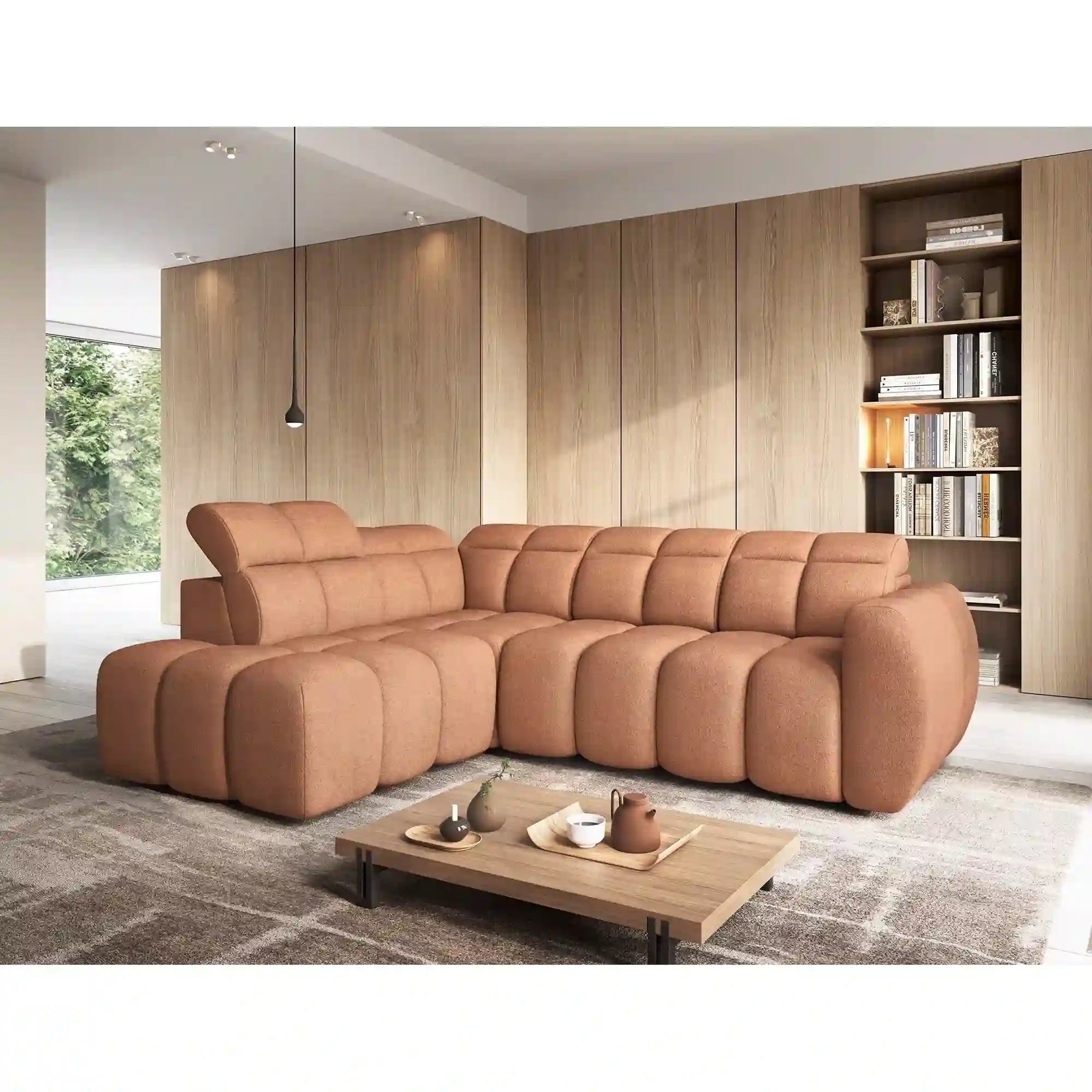 Coltar FALCONN, sezlong stanga, stofa clasica somon - Xillar 24, cu reglaj electric, tetiere reglabile si lada depozitare, 258x208x107 cm