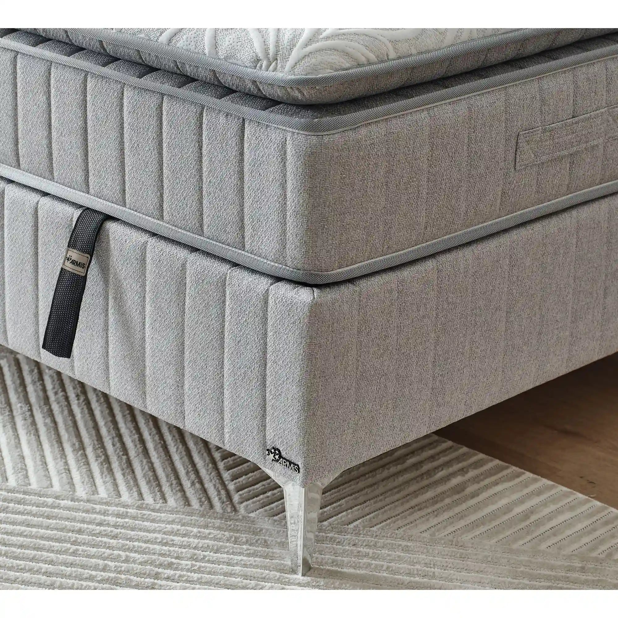 Pat ALEGRA 160x200, stofa gri, cu somiera, spatiu depozitare si saltea