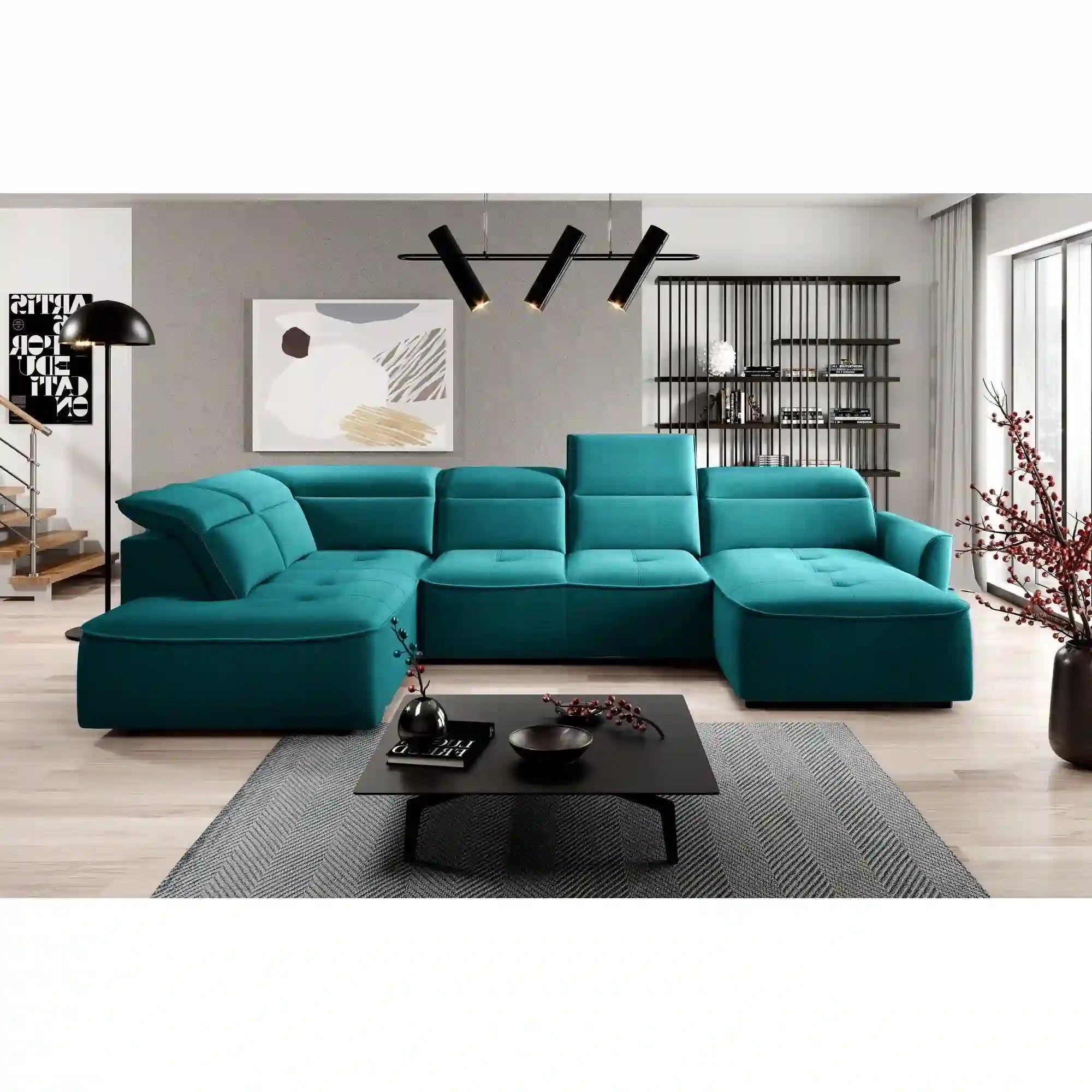 Coltar MURILLO XL, personalizabil materiale gama Oferta Avantaj, cu reglaj electric, tetiere reglabile si lada depozitare, 350x218x100 cm