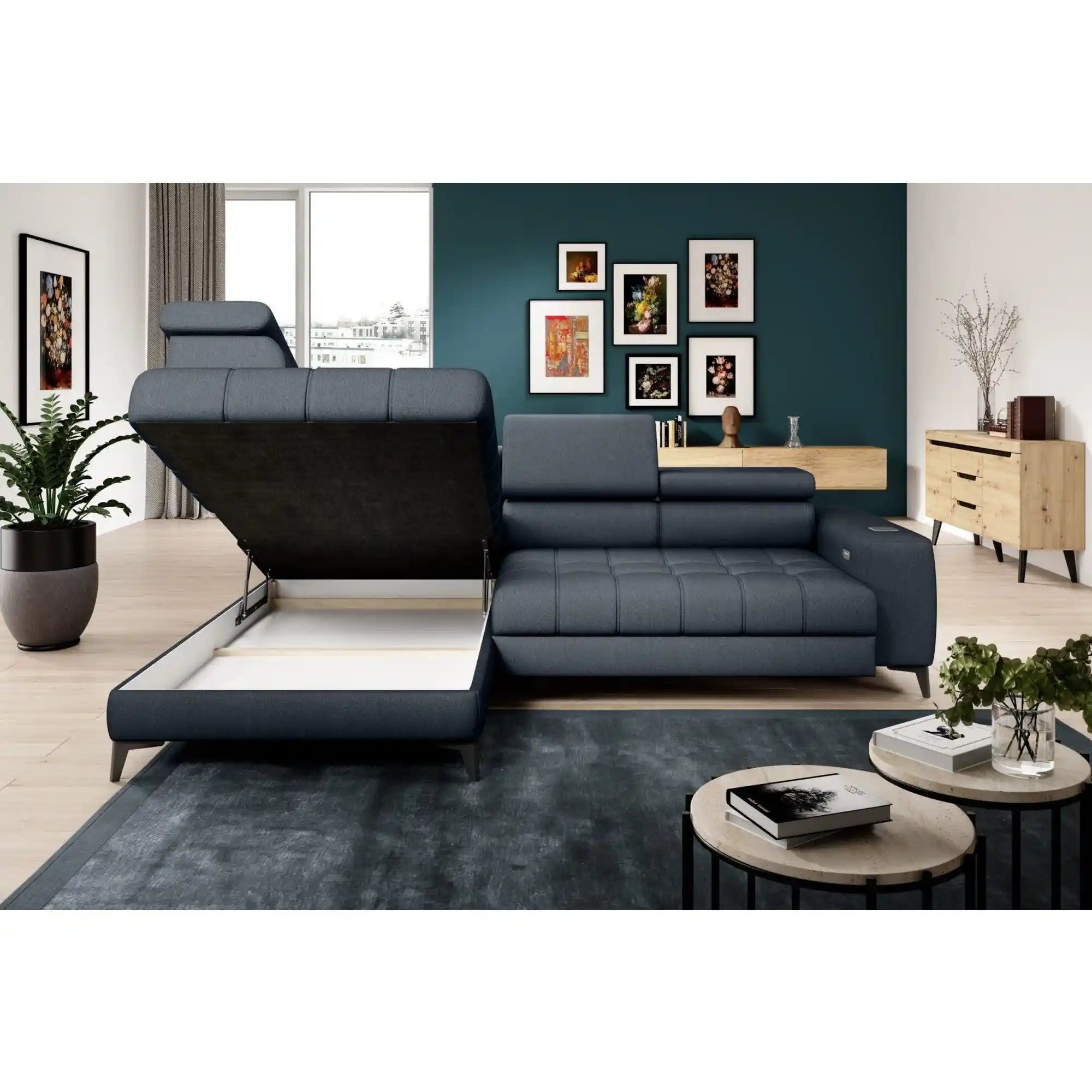 Coltar BAGGIO, personalizabil materiale gama Oferta Avantaj, cu reglaj electric, incarcator wireless, lada depozitare si tetiere reglabile, 280x196x100 cm