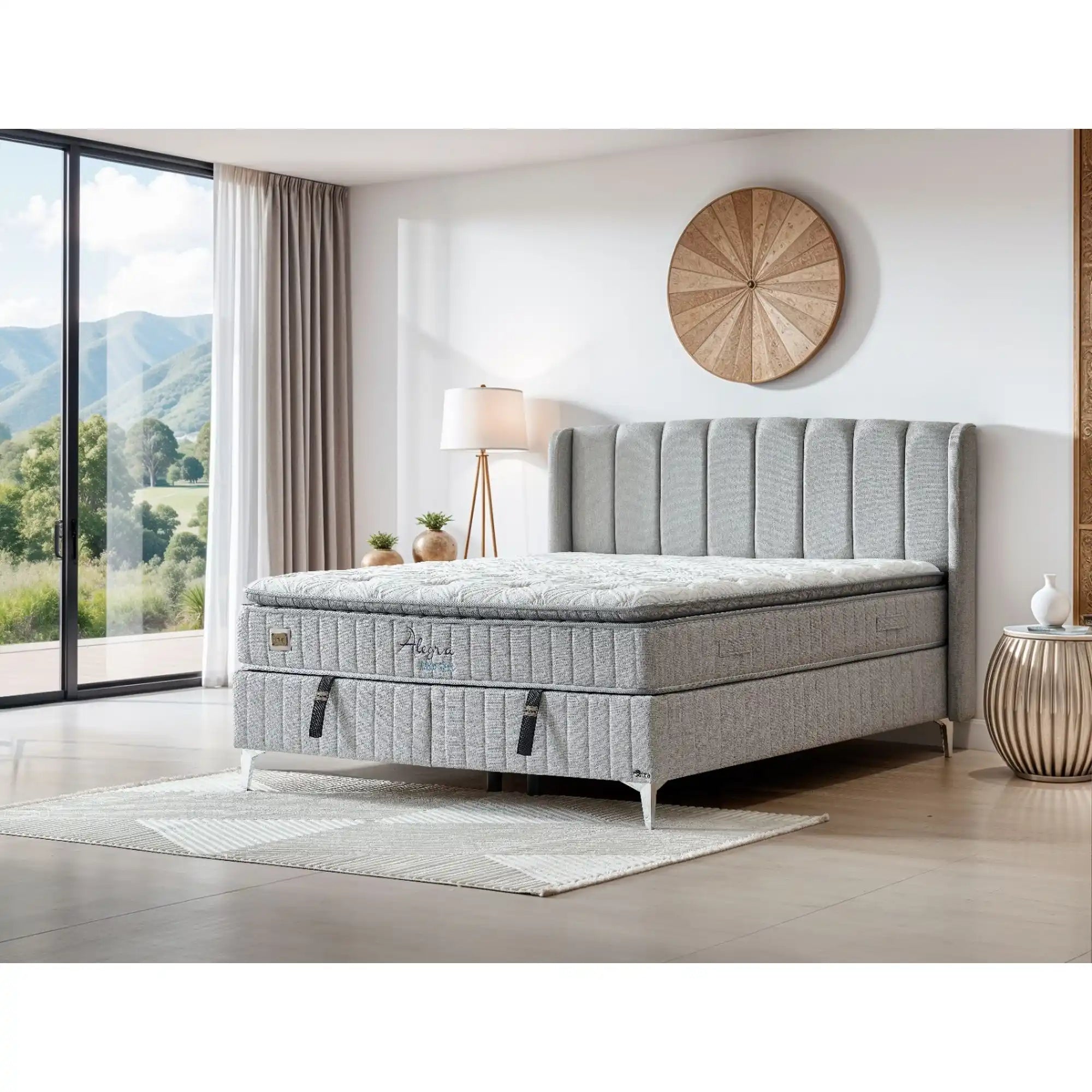 Pat ALEGRA 160x200, stofa gri, cu somiera, spatiu depozitare si saltea