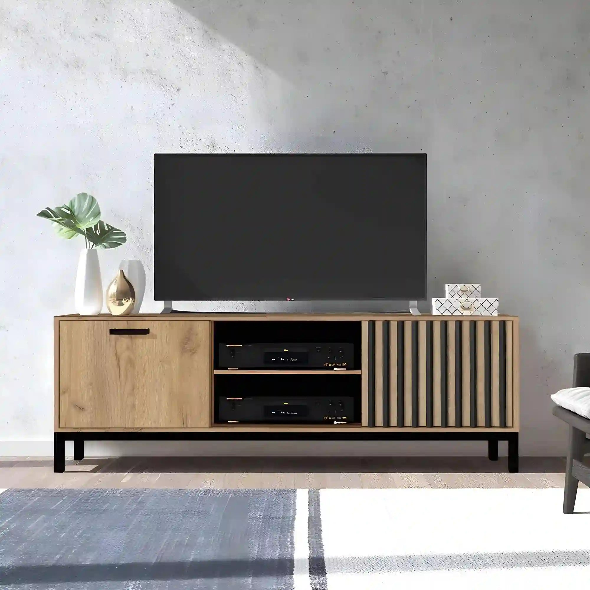 Comoda TV LAMINO RTV-1, stejar/negru, PAL laminat/polipropilena, 180x40x48 cm
