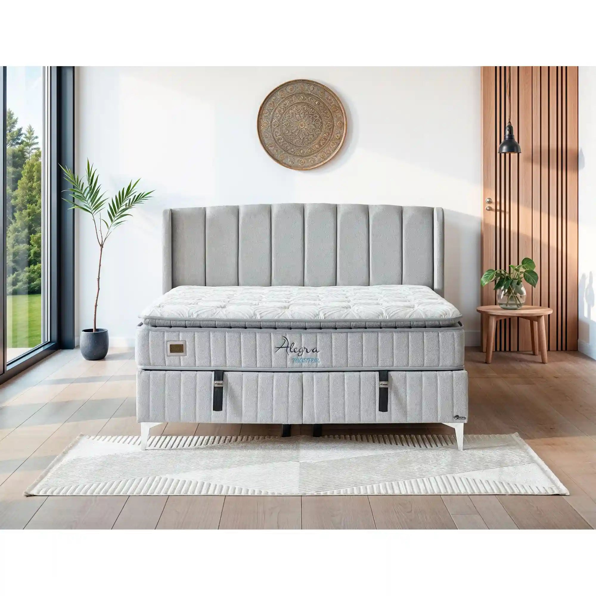 Pat ALEGRA 160x200, stofa gri, cu somiera, spatiu depozitare si saltea