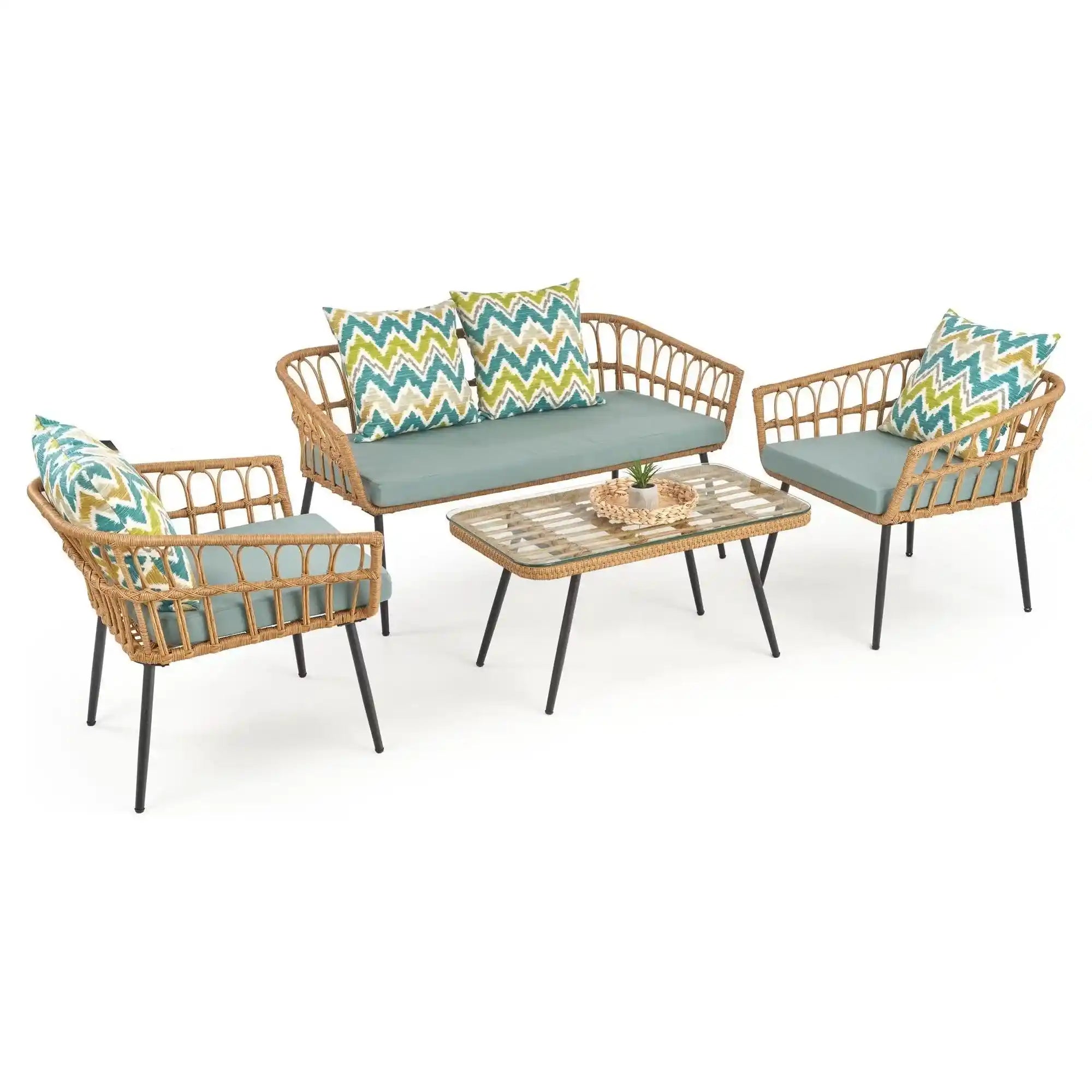 Banca GARDENA 2S, stejar/negru, rattan sintetic/otel, 140x68x71 cm