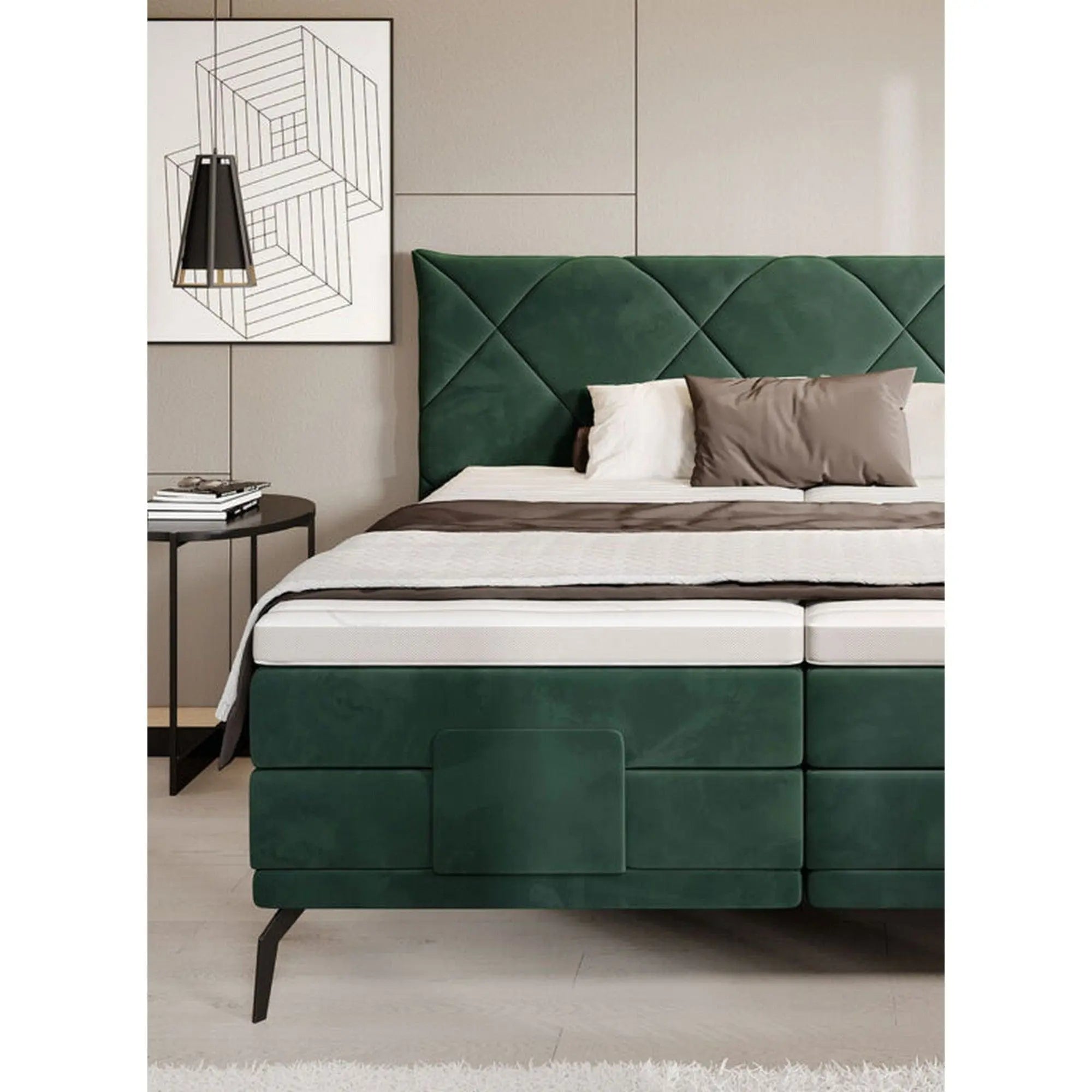 Pat boxspring PAVO 160x200, stofa catifelata turcoaz inchis - RIVIERA 87, cu mecanism electric si saltele