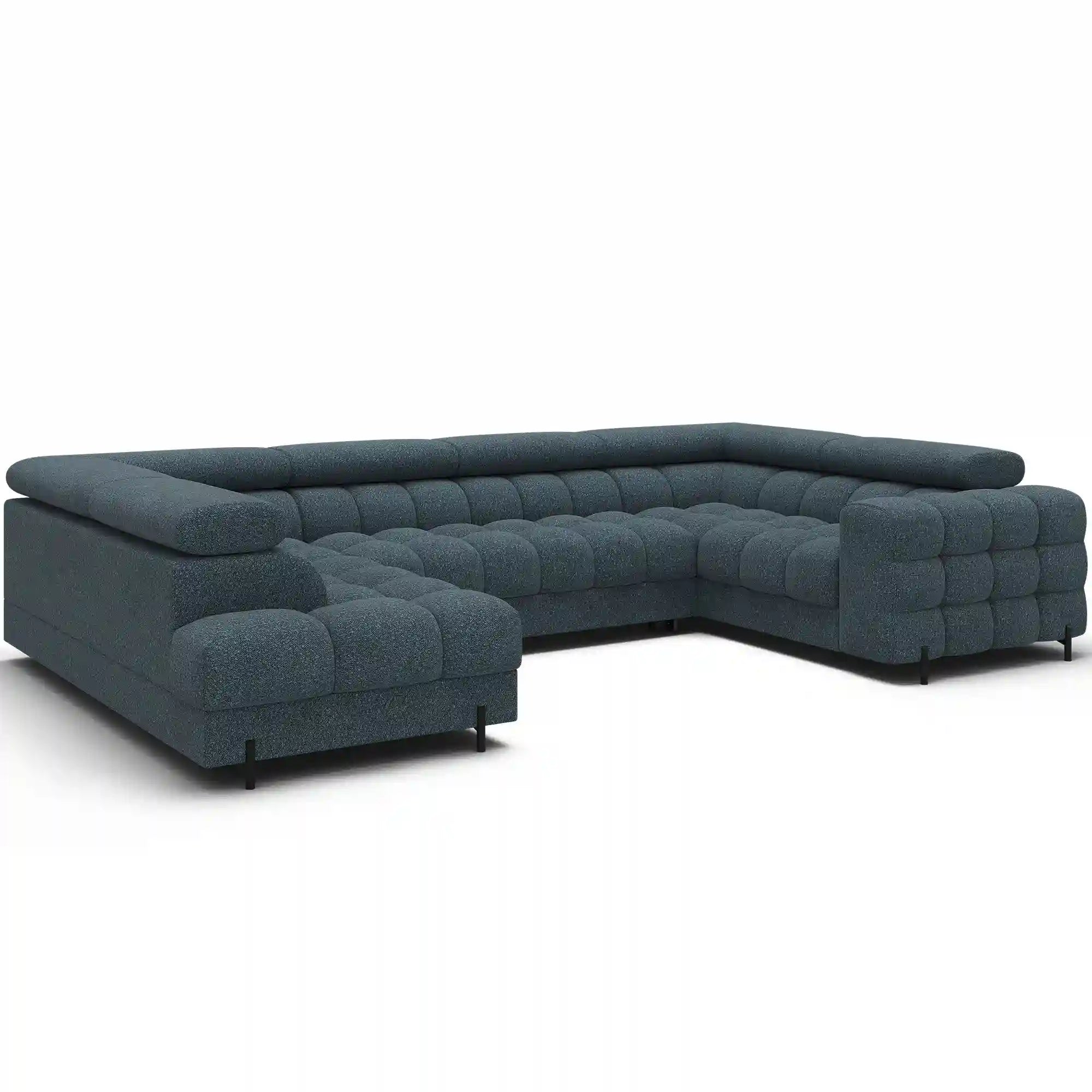 Coltar extensibil FECTORY, sezlong stanga, stofa clasica albastru inchis - Jaffray 40, cu tetiere reglabile si spatiu depozitare, 346x205x93 cm