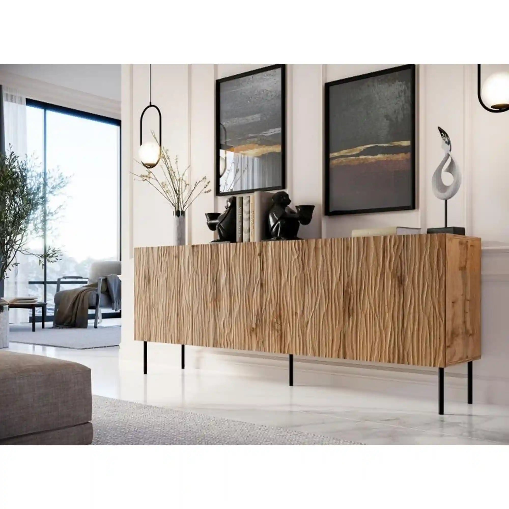 Comoda JUNGLE, stejar wotan/negru, PAL laminat/metal, 190x42x75 cm