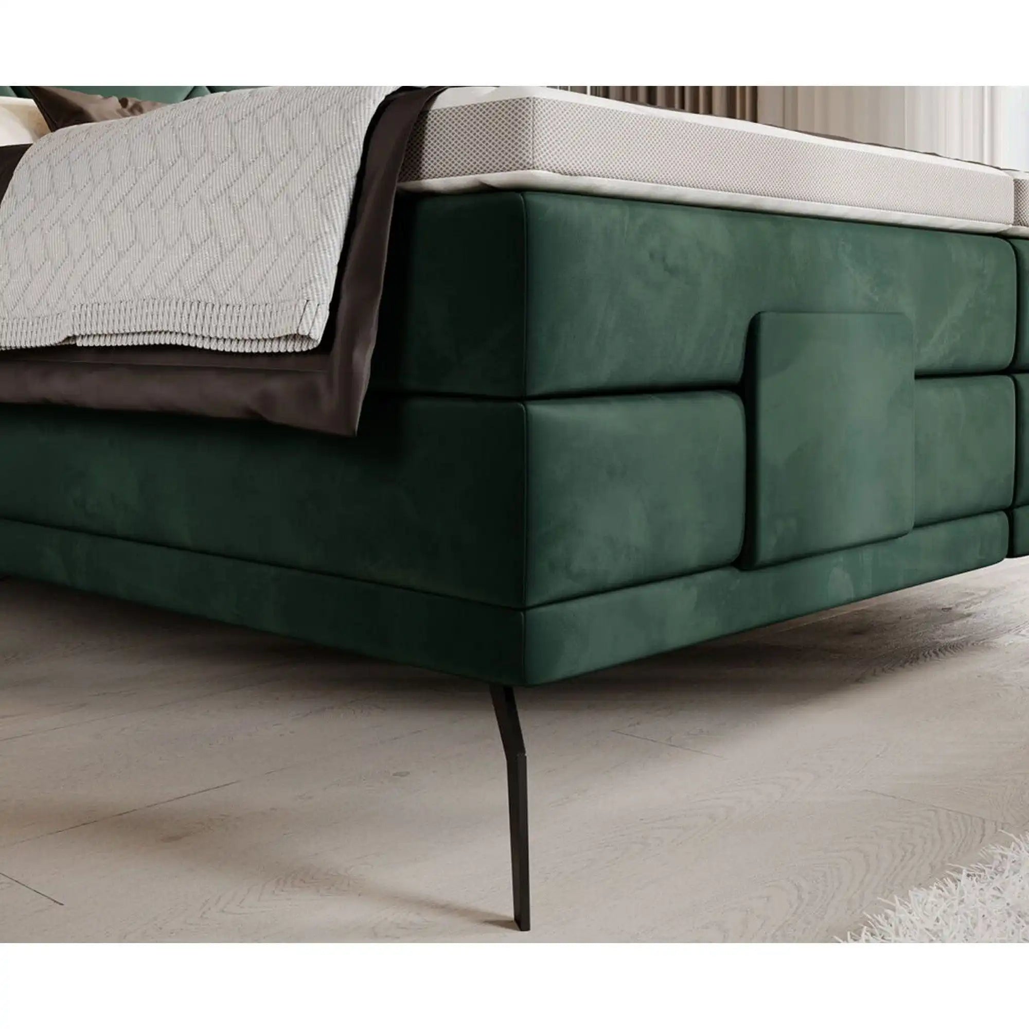 Pat boxspring PAVO 160x200, stofa catifelata turcoaz inchis - RIVIERA 87, cu mecanism electric si saltele