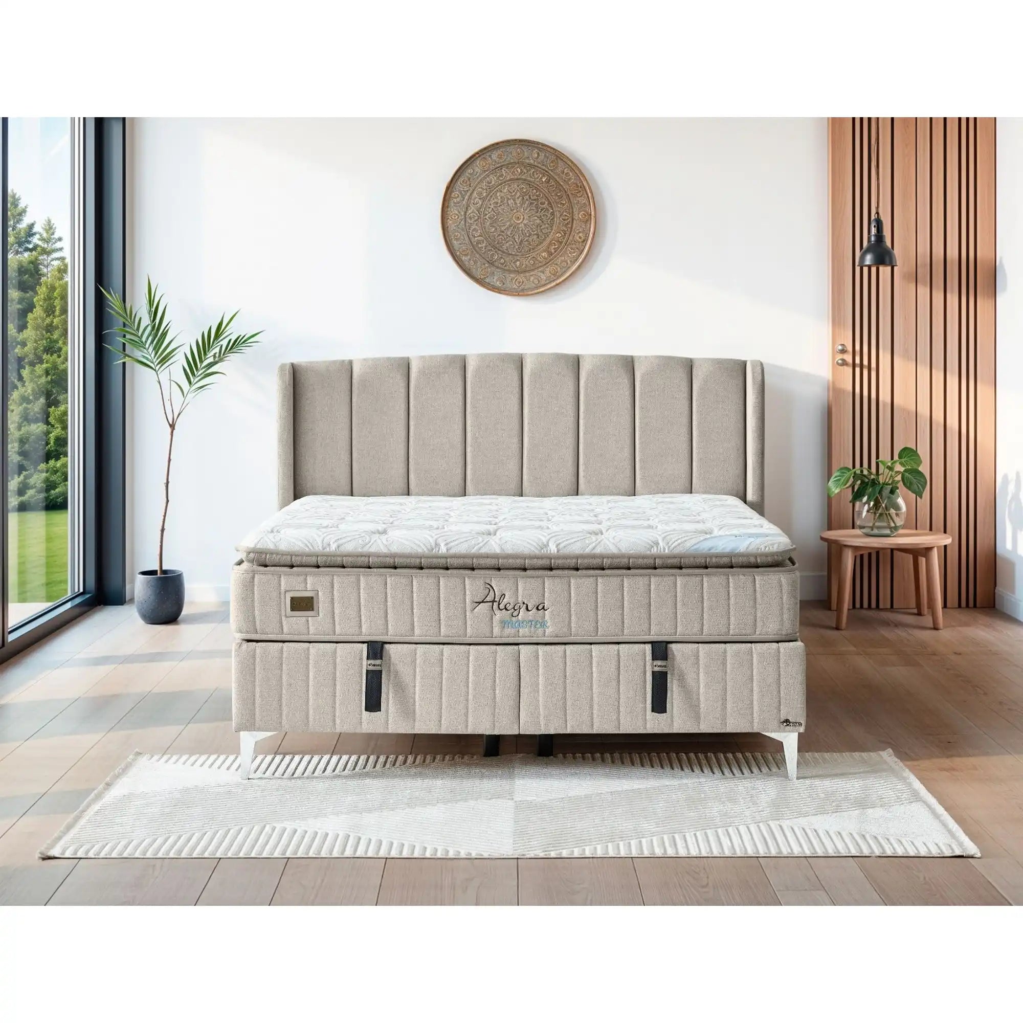 Pat ALEGRA 160x200, stofa bej, cu somiera, spatiu depozitare si saltea