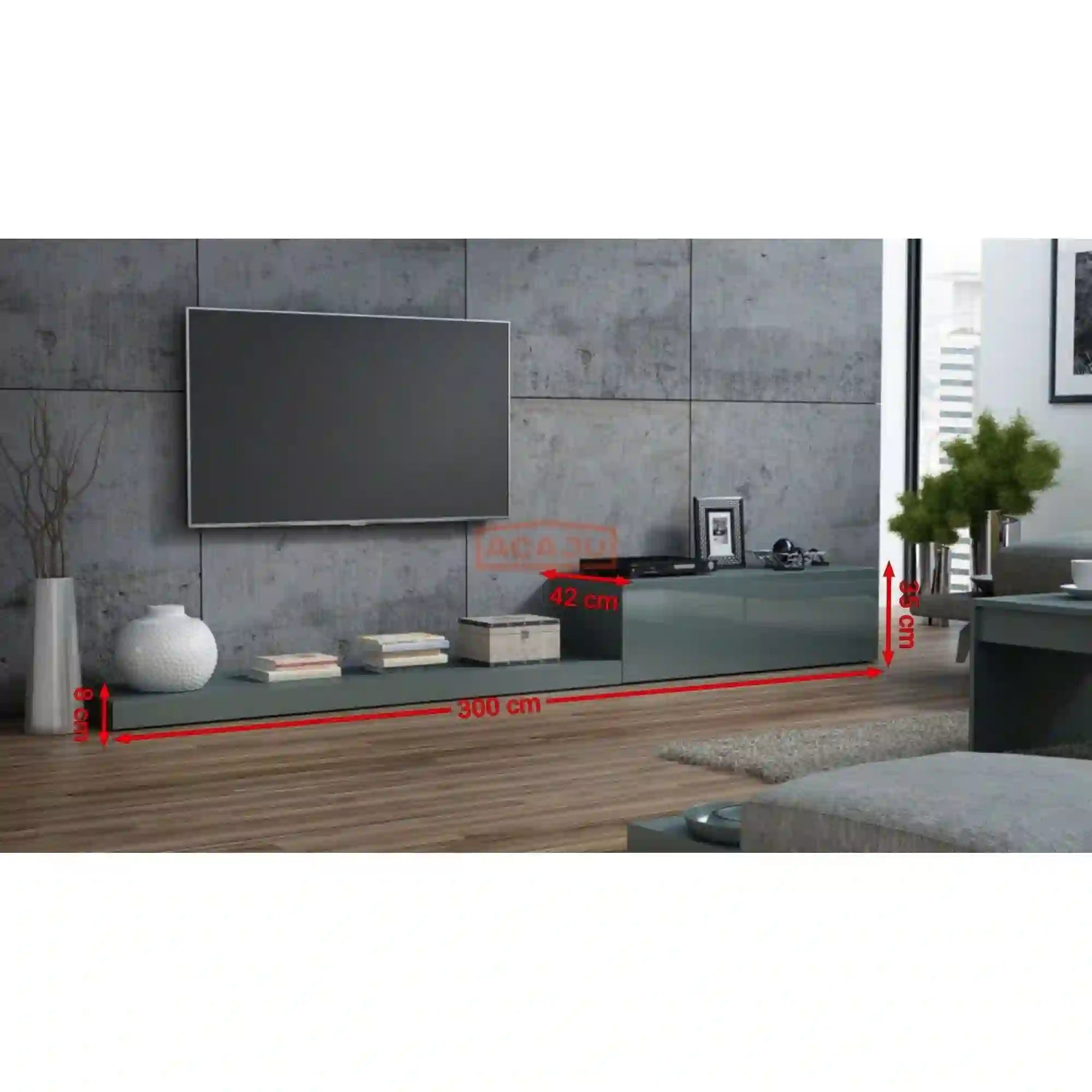 Comoda TV LIFE, gri lucios, PAL, 300x42x8/35 cm
