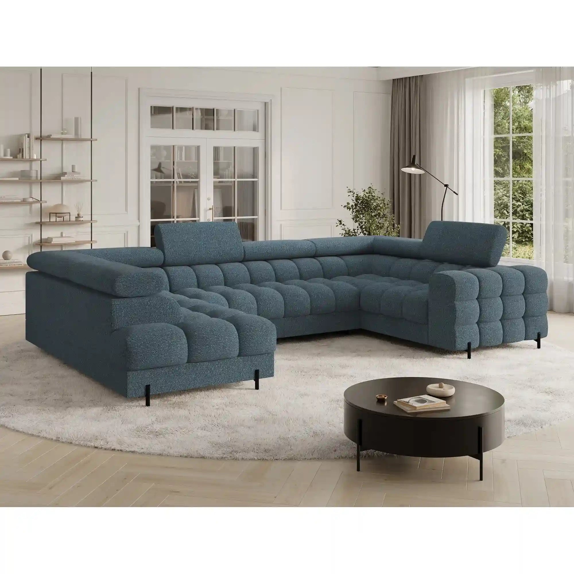 Coltar extensibil FECTORY, sezlong stanga, stofa clasica albastru inchis - Jaffray 40, cu tetiere reglabile si spatiu depozitare, 346x205x93 cm