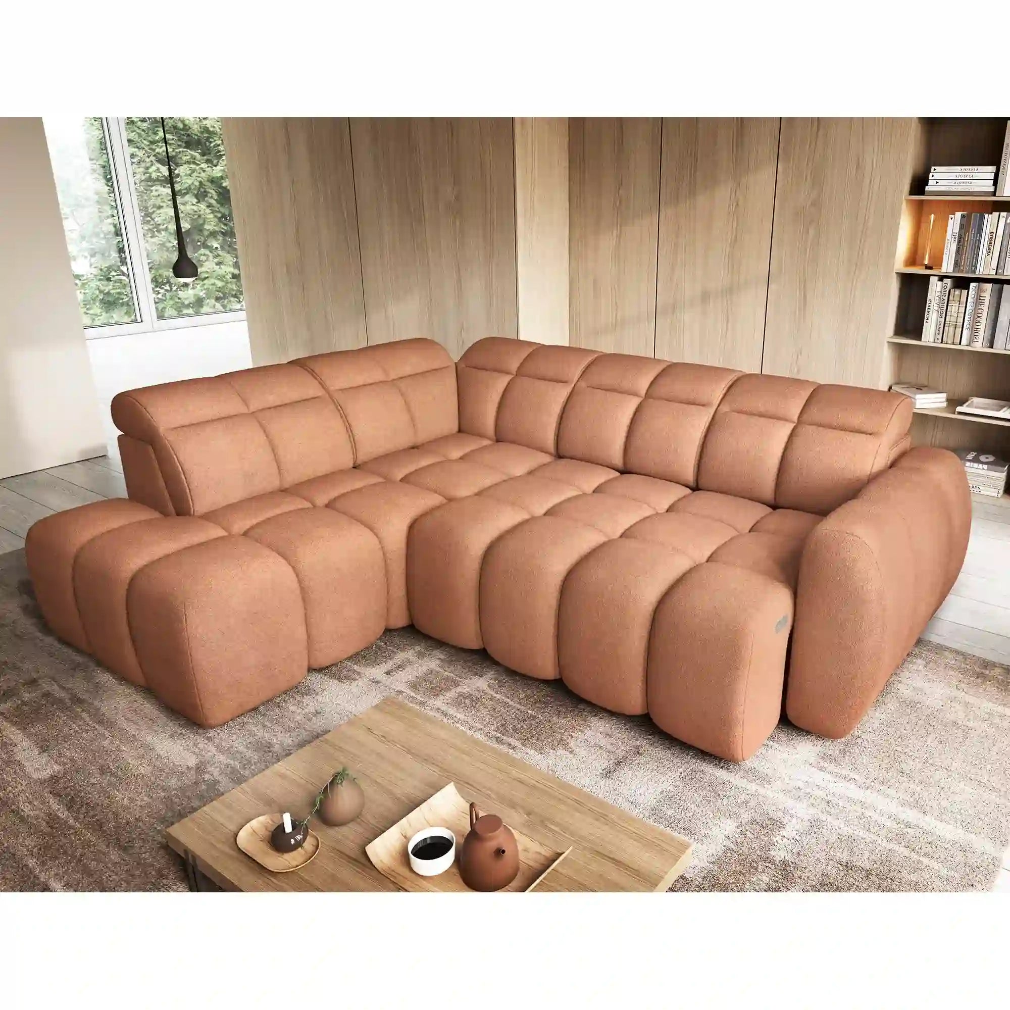 Coltar FALCONN, sezlong stanga, stofa clasica somon - Xillar 24, cu reglaj electric, tetiere reglabile si lada depozitare, 258x208x107 cm
