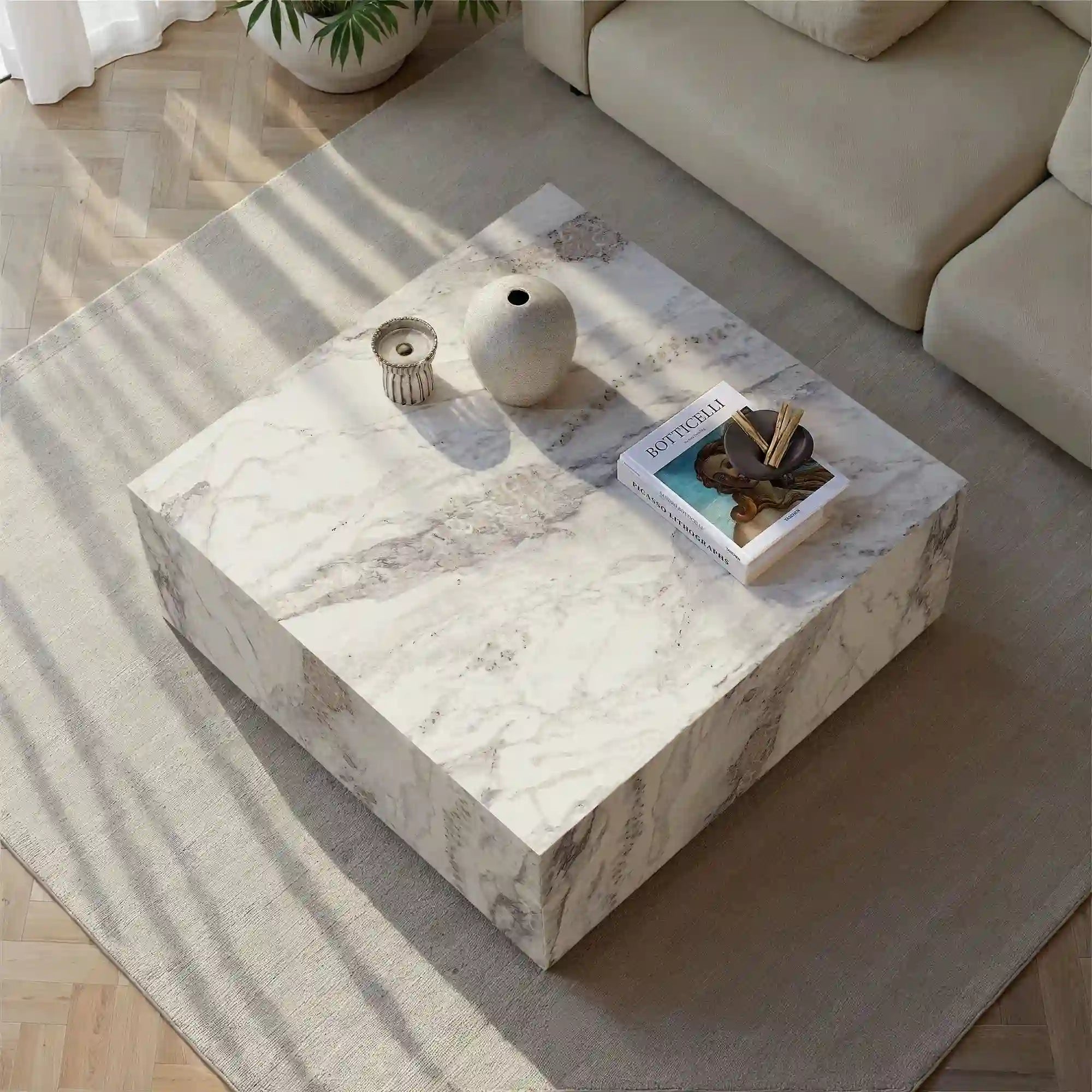 Masuta cafea PRIZMA, alb cu efect de marmura, 90x90x35 cm