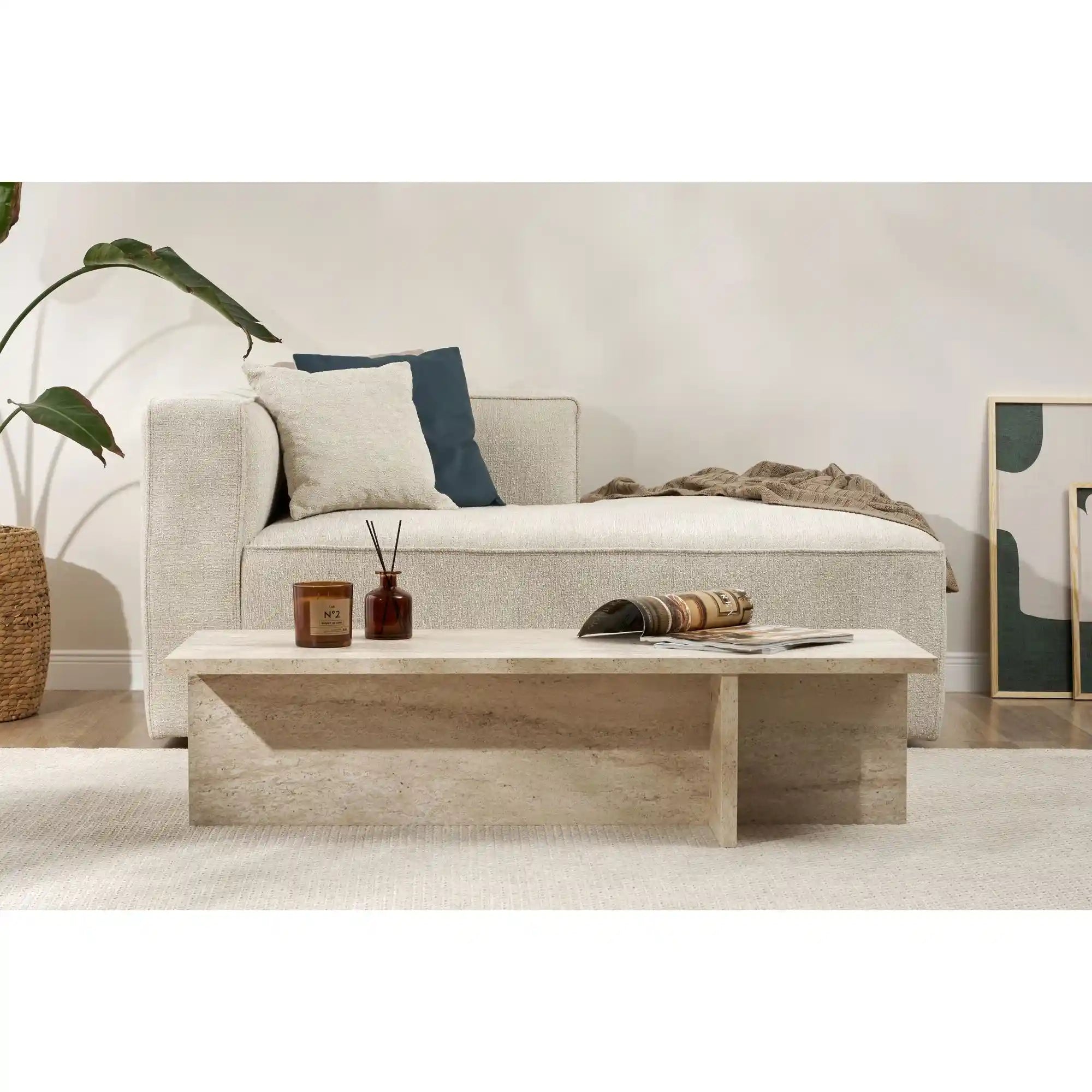 Masuta cafea HARBOR, bej cu efect de piatra travertin, PAL, 120x45x30 cm