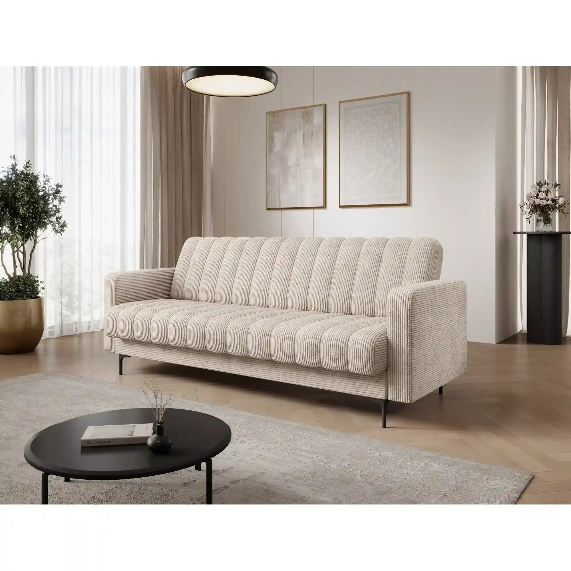 Canapea extensibila RONEYY, stofa catifelata bej - Jarell 18, cu spatiu depozitare, 212x89x86 cm