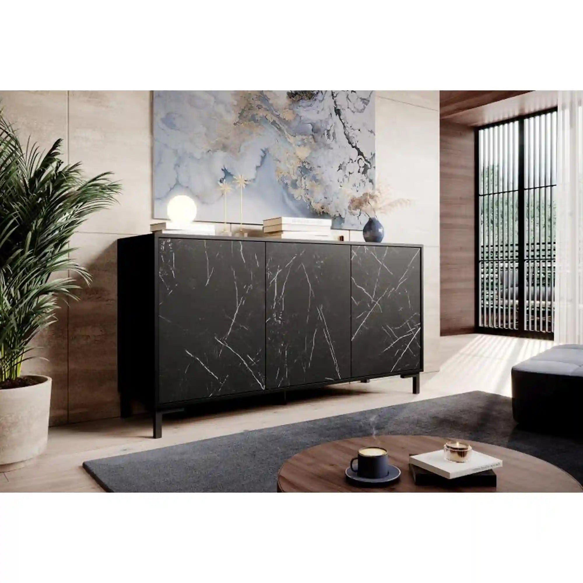 Comoda MARMO, negru mat/negru cu efect de marmura, PAL laminat, 150x45x81 cm