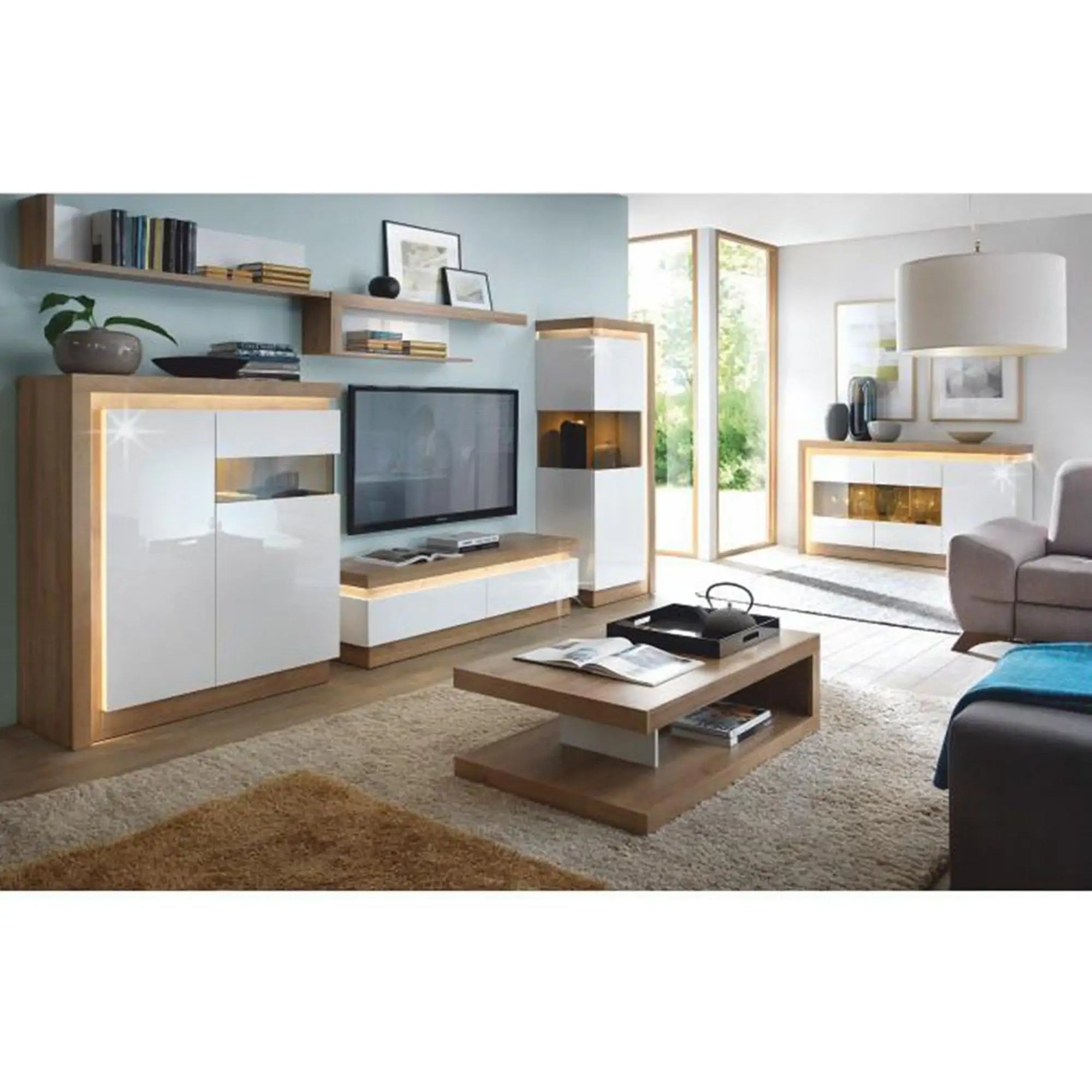 Vitrina LEONARDO LYOV01L, stejar rivierra/alb lucios, PAL melaminat, 60x42x164 cm
