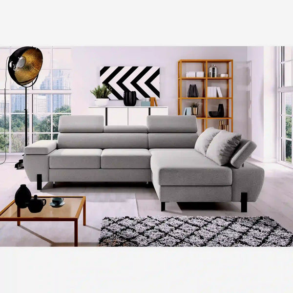 Coltar extensibil MOLINA MINI, sezlong dreapta, stofa gri deschis - Austin 18, cu lada depozitare, 277x189x90 cm