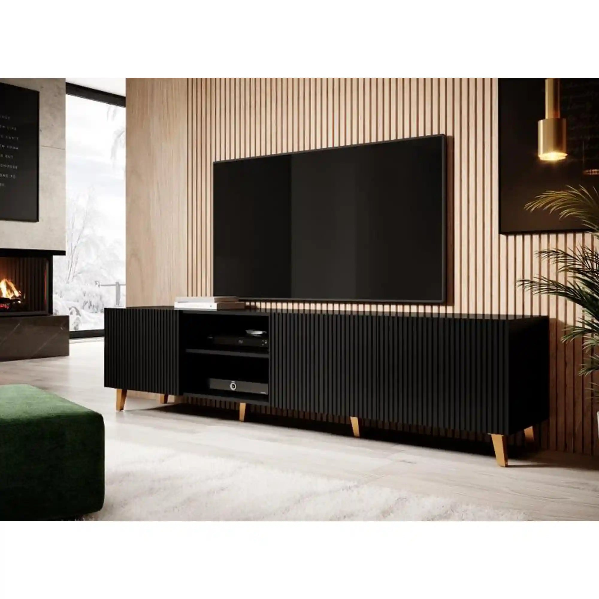 Comoda TV PAFOS, negru, PAL laminat, 200x40x52 cm