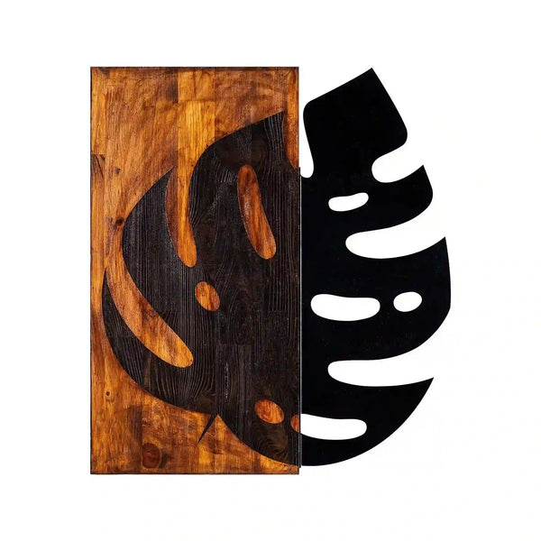 Decoratiune perete LEAF 2, nuc/negru, lemn/metal, 52x58 cm