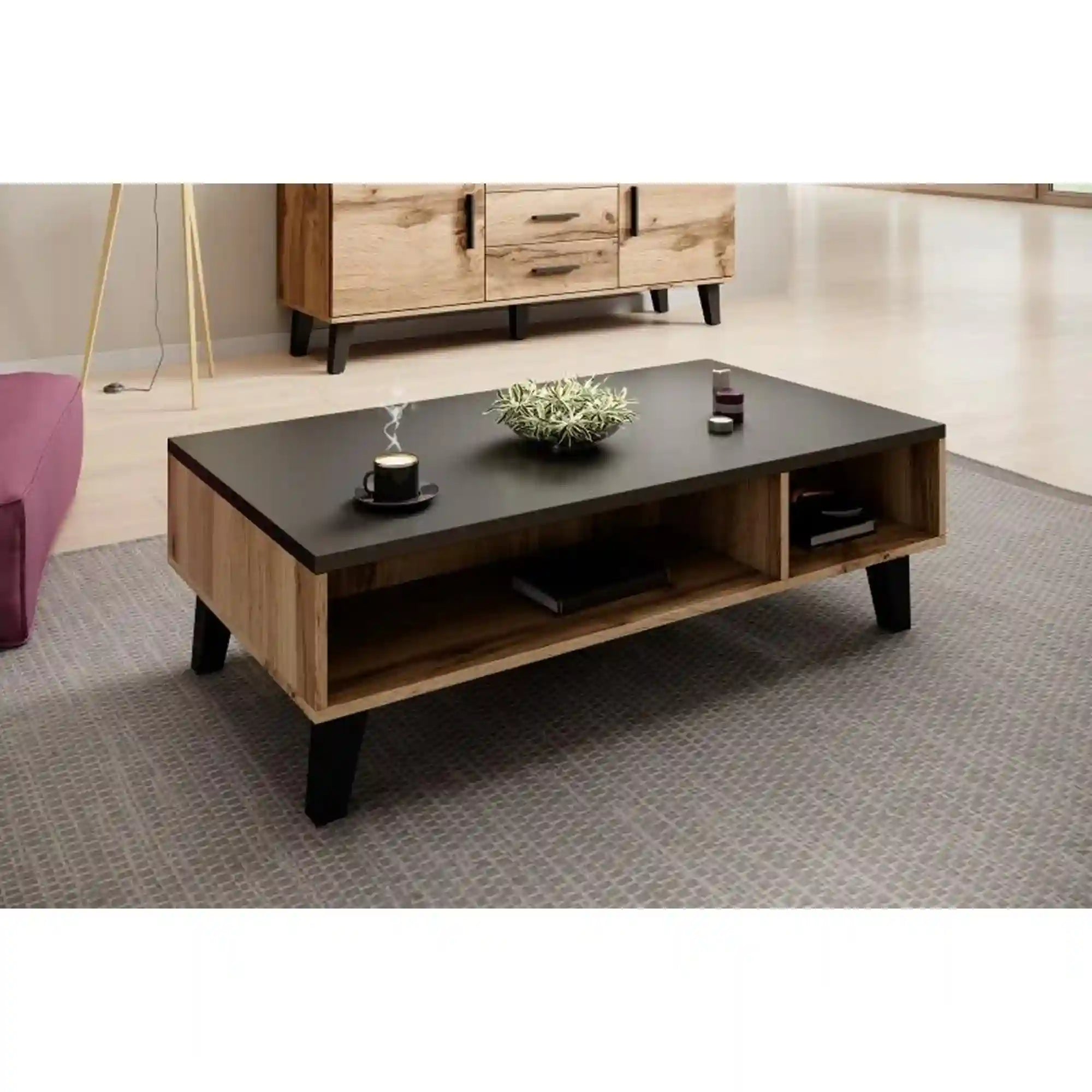 Masuta cafea LOTTA, negru/stejar sonoma, PAL, 110x60x35 cm
